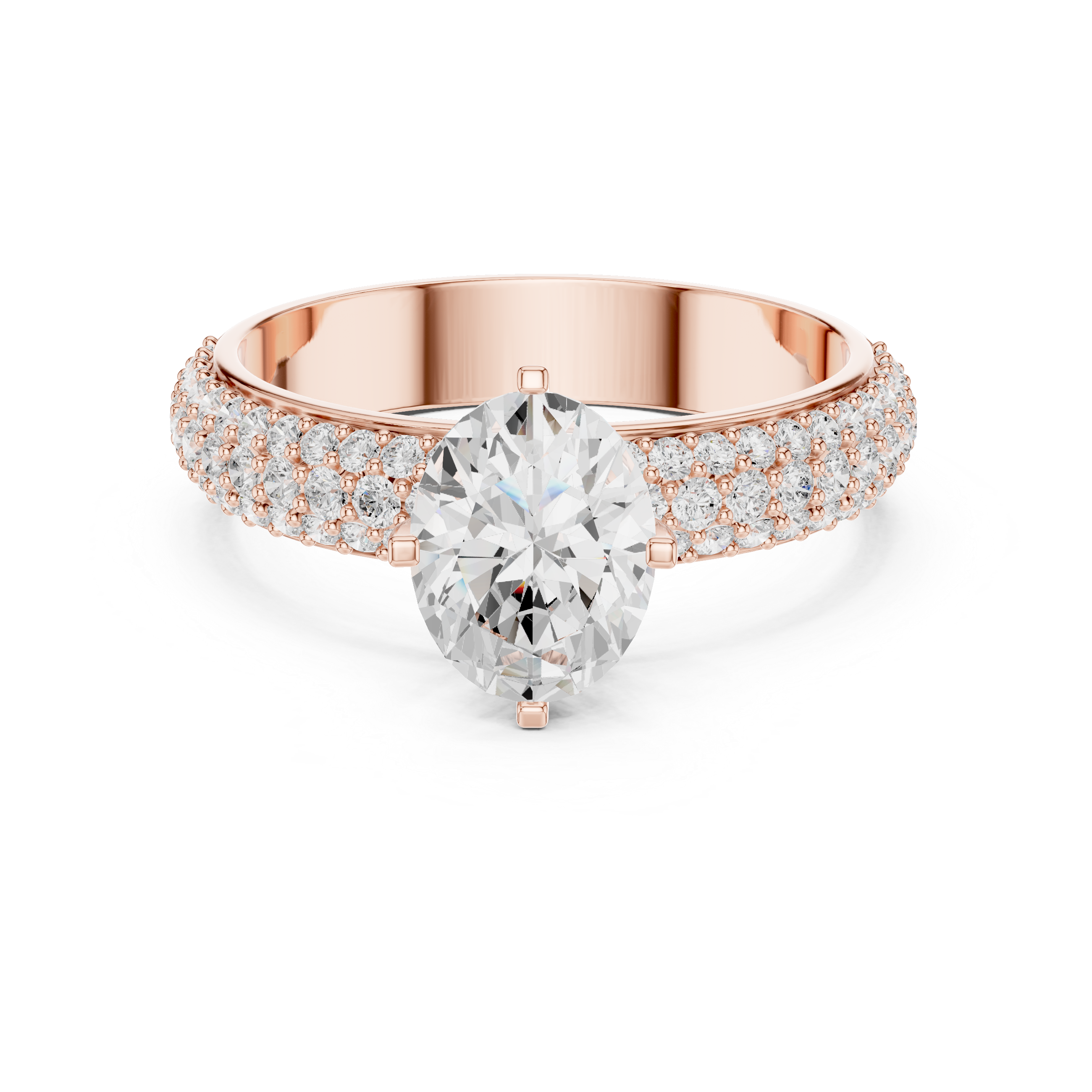 Rose gold ring with a large diamond and smaller diamonds on the band against a white background