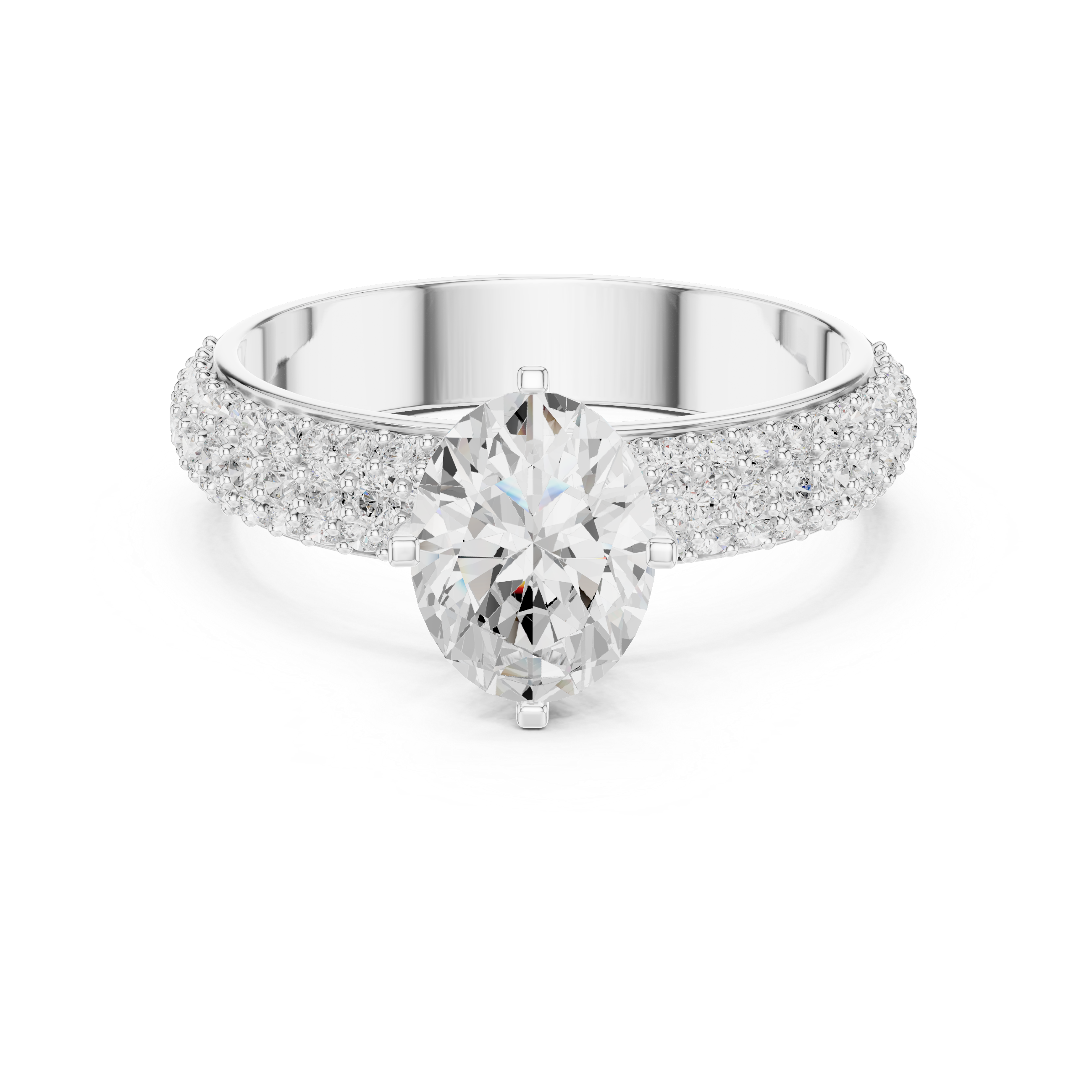Diamond ring with a pear-shaped center stone on a white background