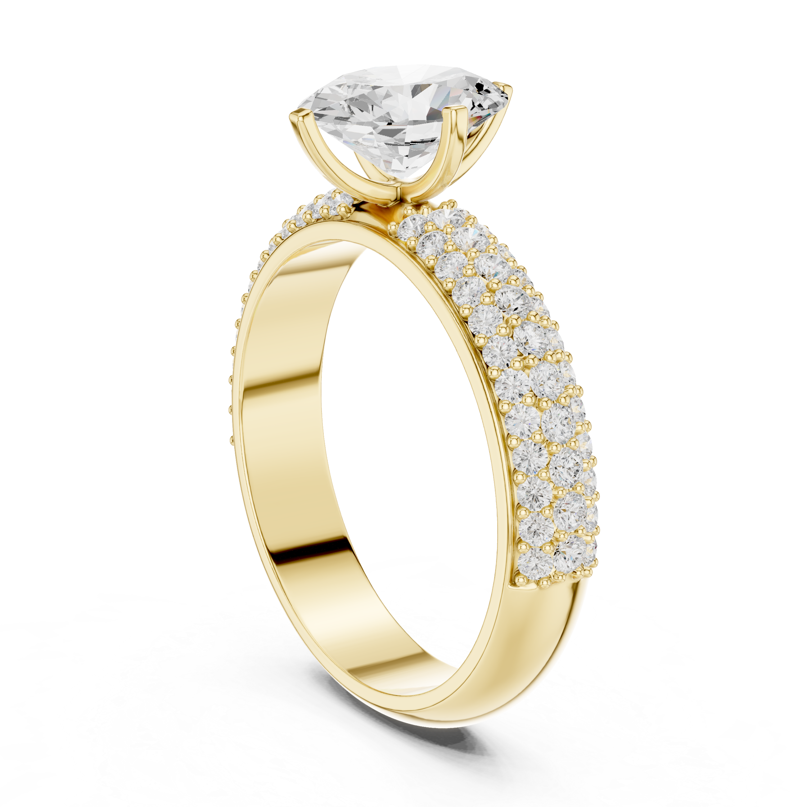 Gold ring with a large diamond and smaller diamonds on the band against a white background