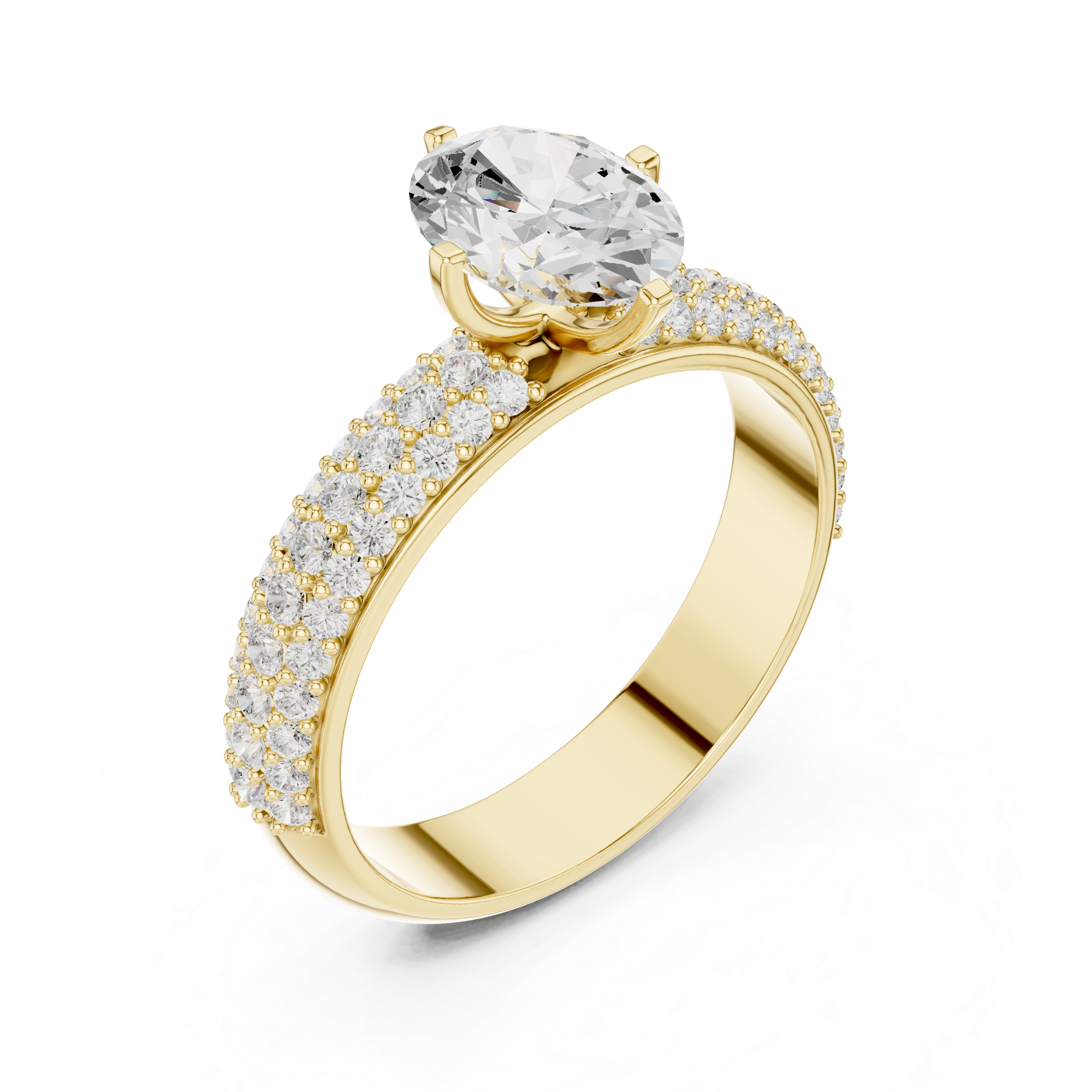 Gold ring with a large diamond and smaller diamonds on the band against a white background