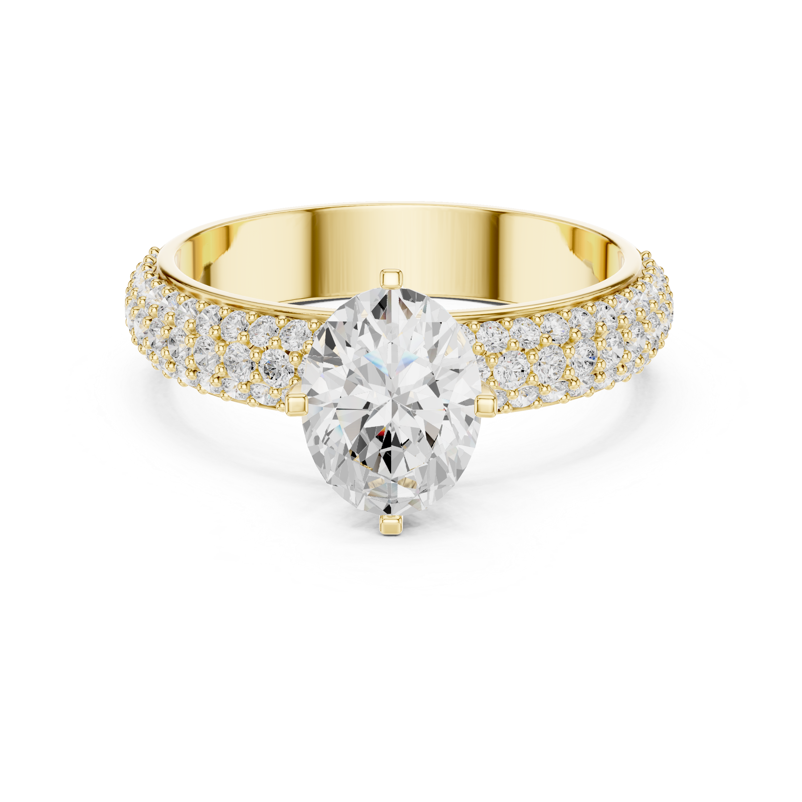 Gold ring with a large diamond and smaller diamonds on the band against a white background