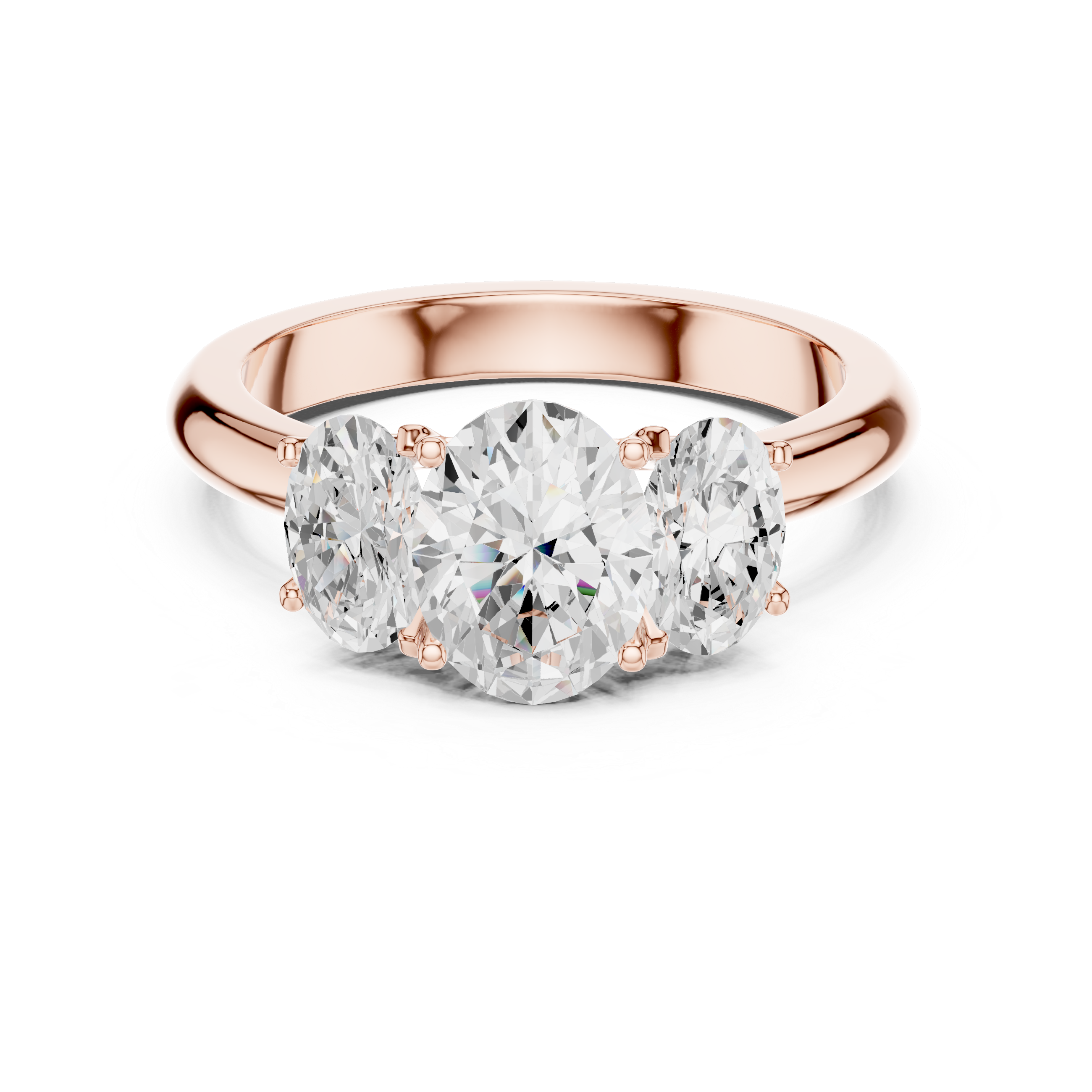 Rose gold ring with three diamonds on a white background