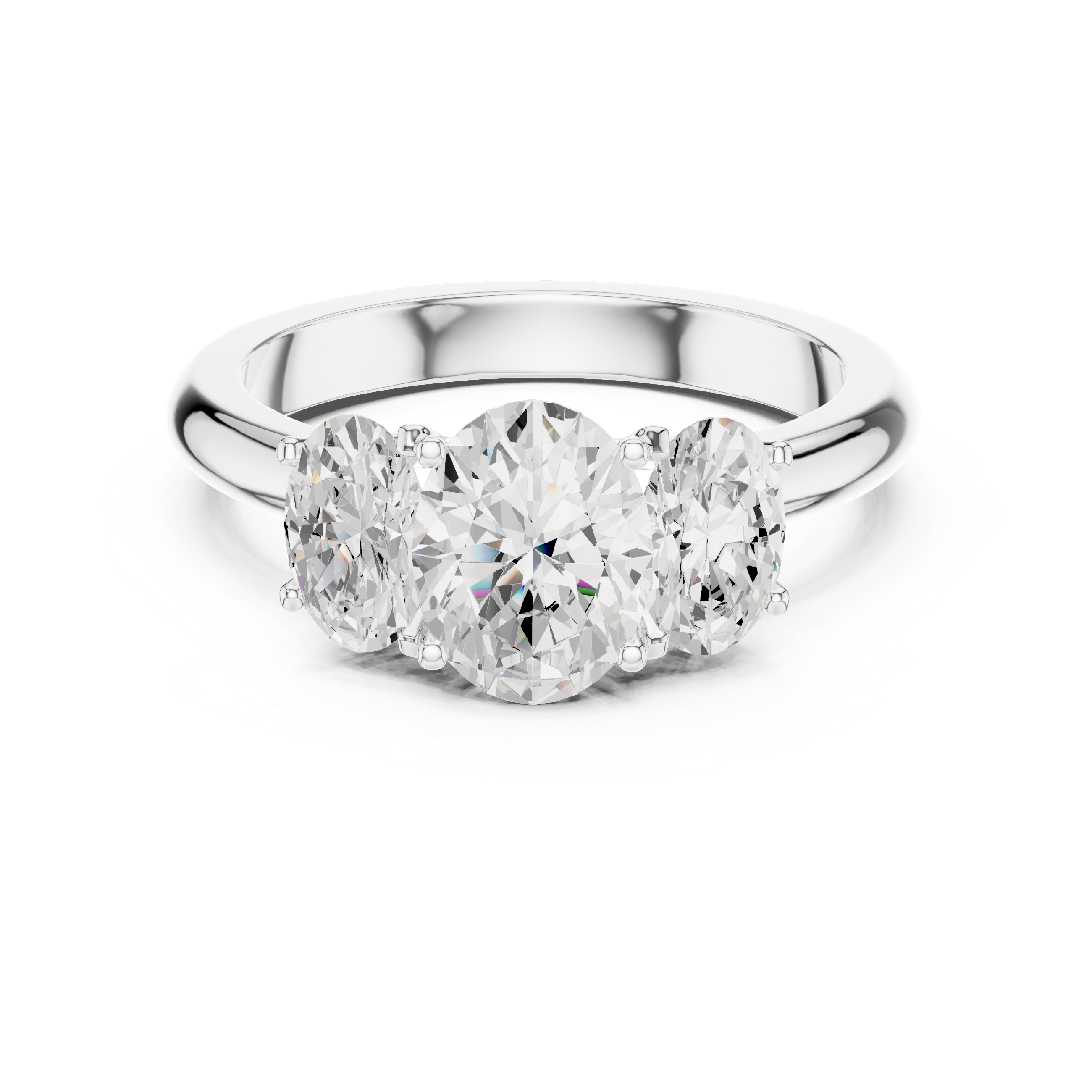 Diamond ring with three clear gemstones on a white background