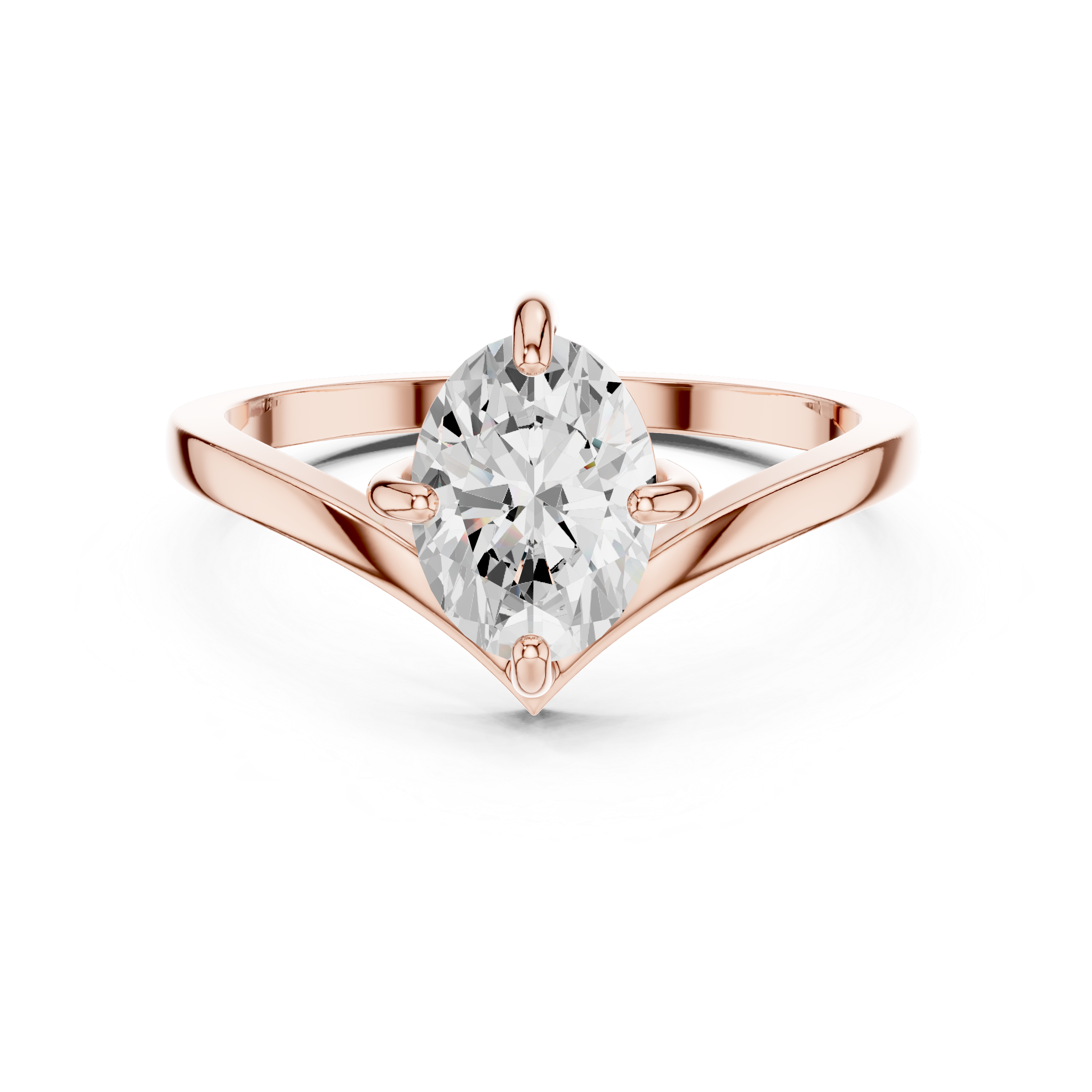 Rose gold ring with a pear-shaped diamond on a white background