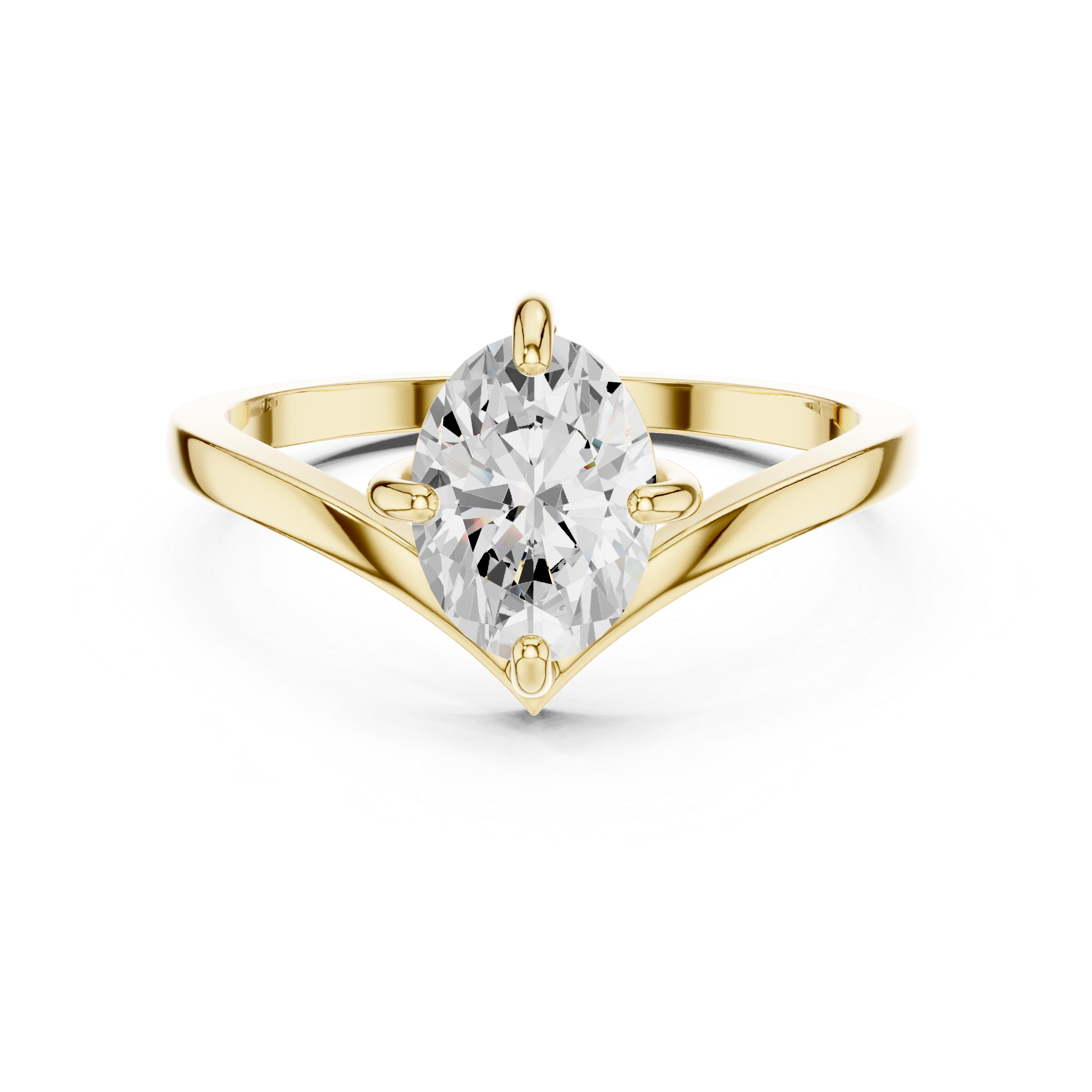 Gold ring with a pear-shaped diamond on a white background