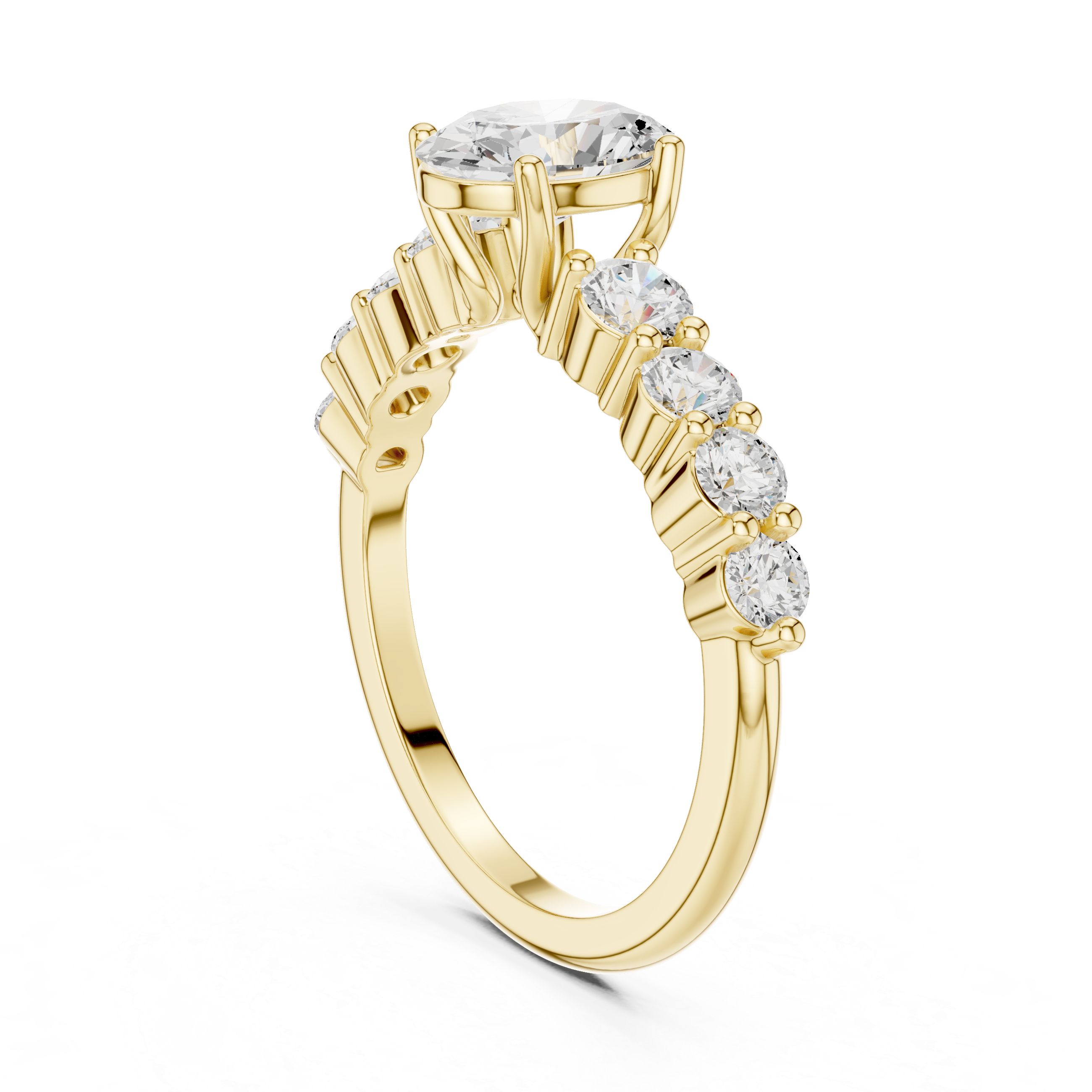 Gold ring with a central diamond and smaller diamonds on a white background