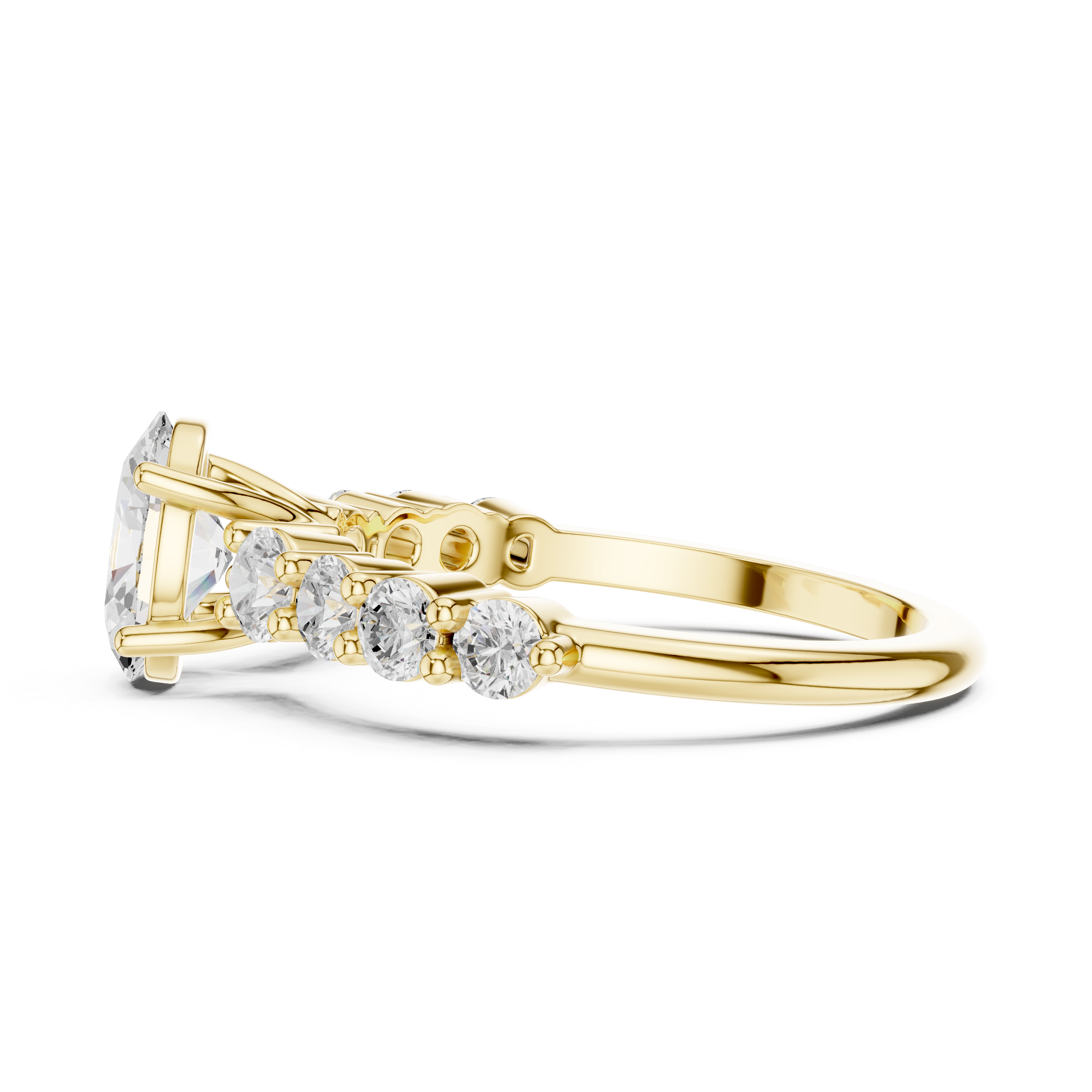 Gold ring with diamond accents on a white background