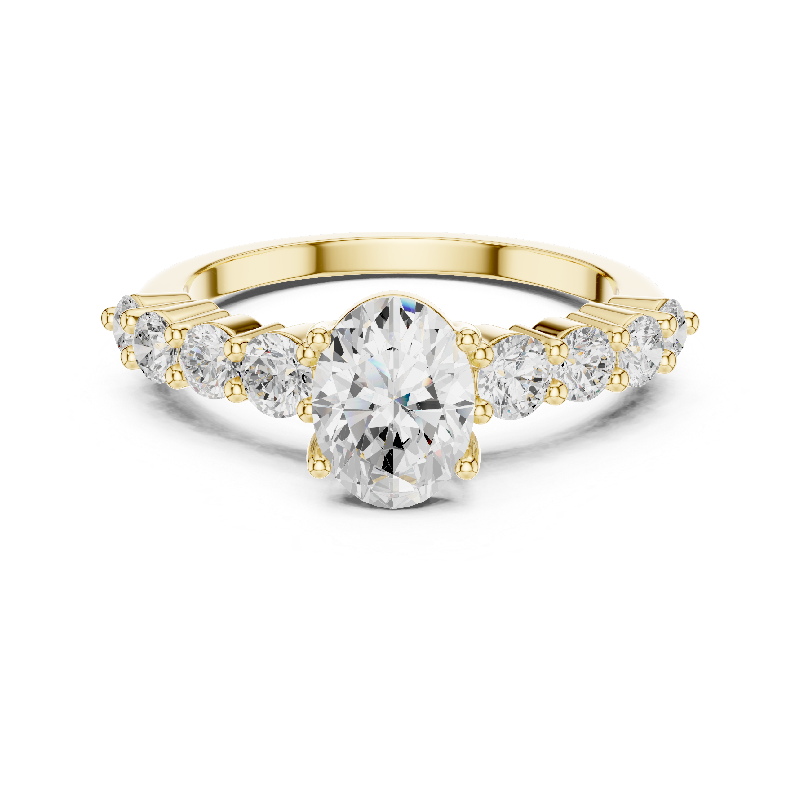 Gold ring with a large diamond and smaller diamonds on a white background