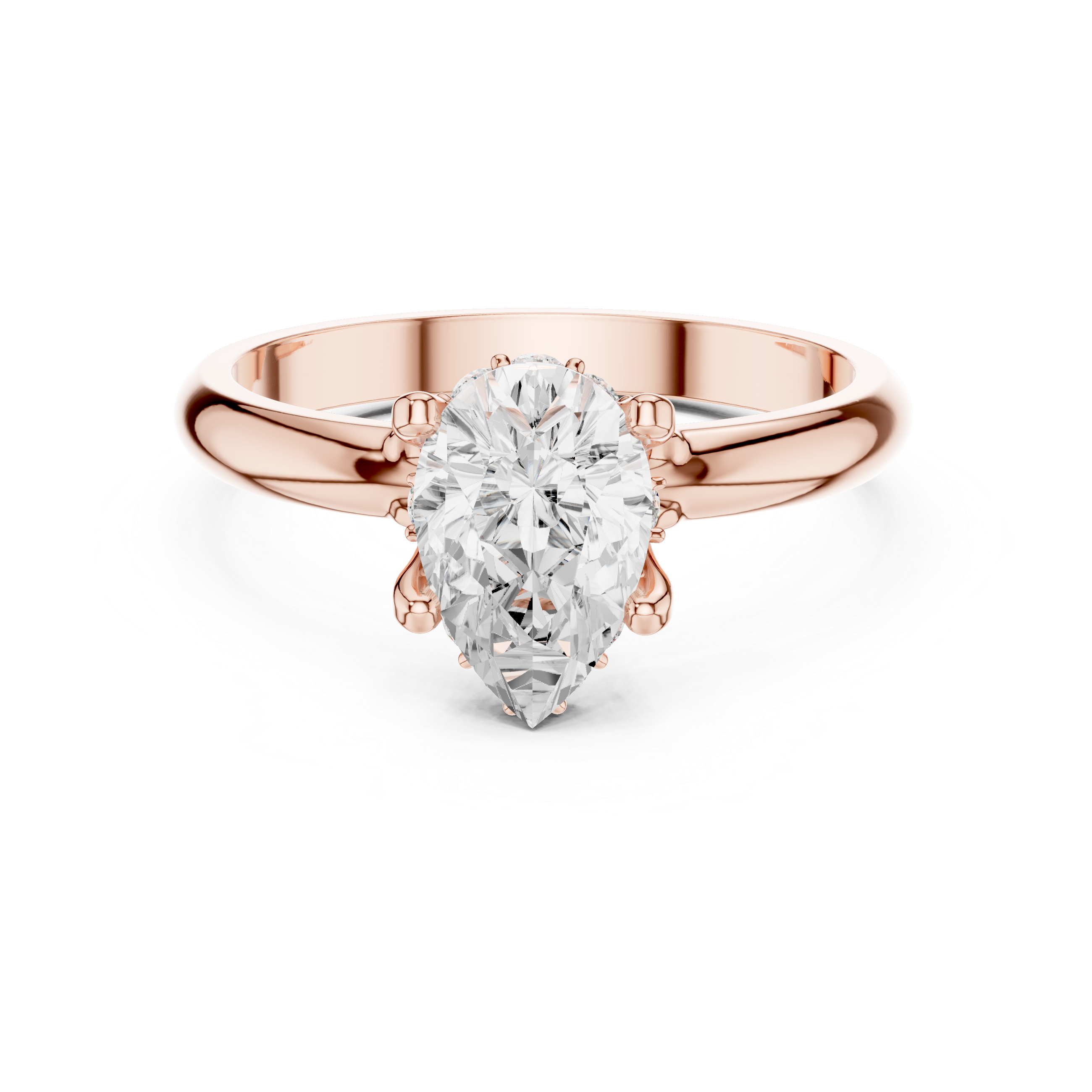 Rose gold ring with a pear-shaped diamond on a white background