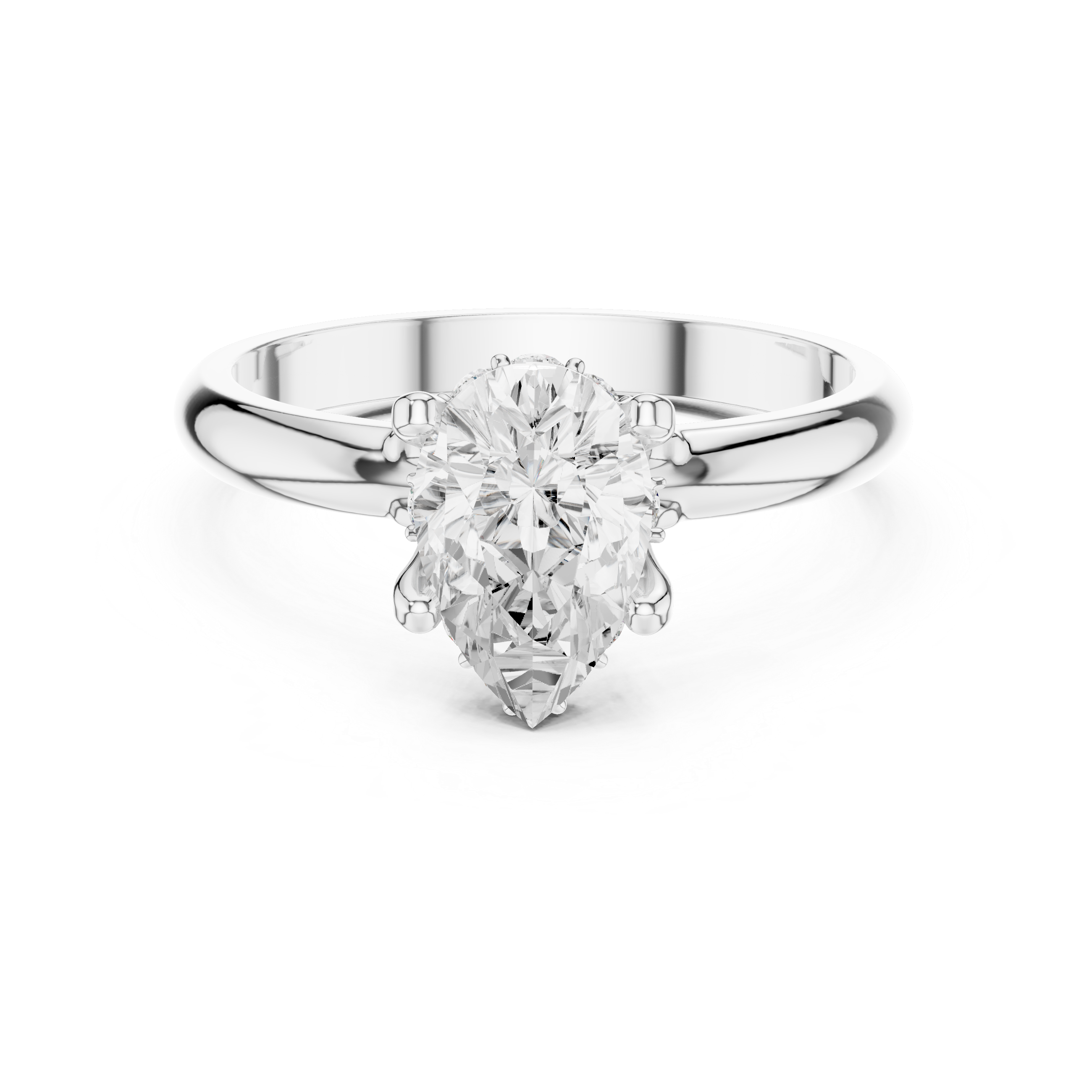 Diamond ring with a pear-shaped center stone on a white background