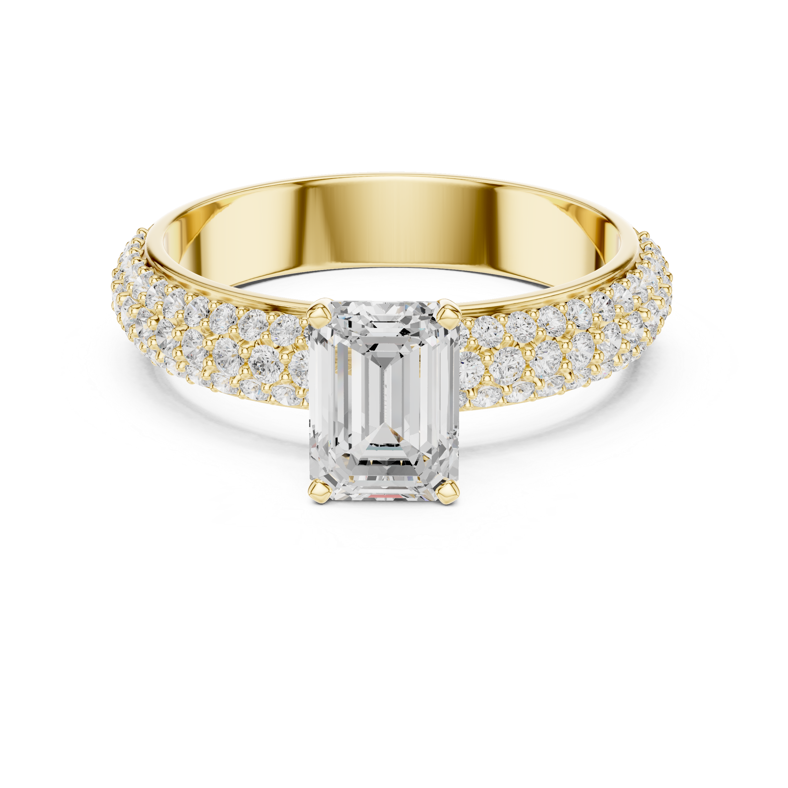 Gold ring with a central diamond and smaller diamonds on the band against a white background
