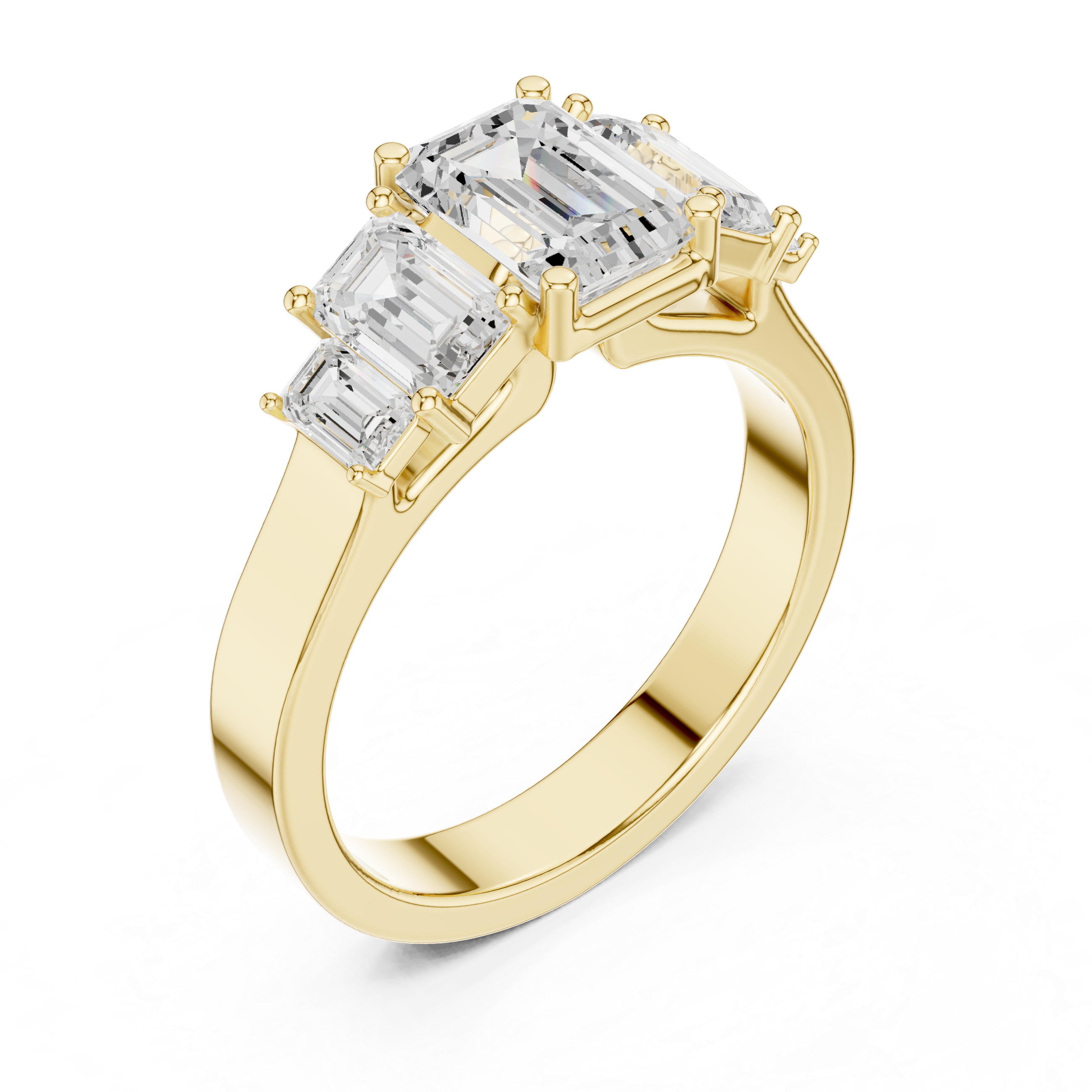 Gold ring with three emerald-cut diamonds on a white background
