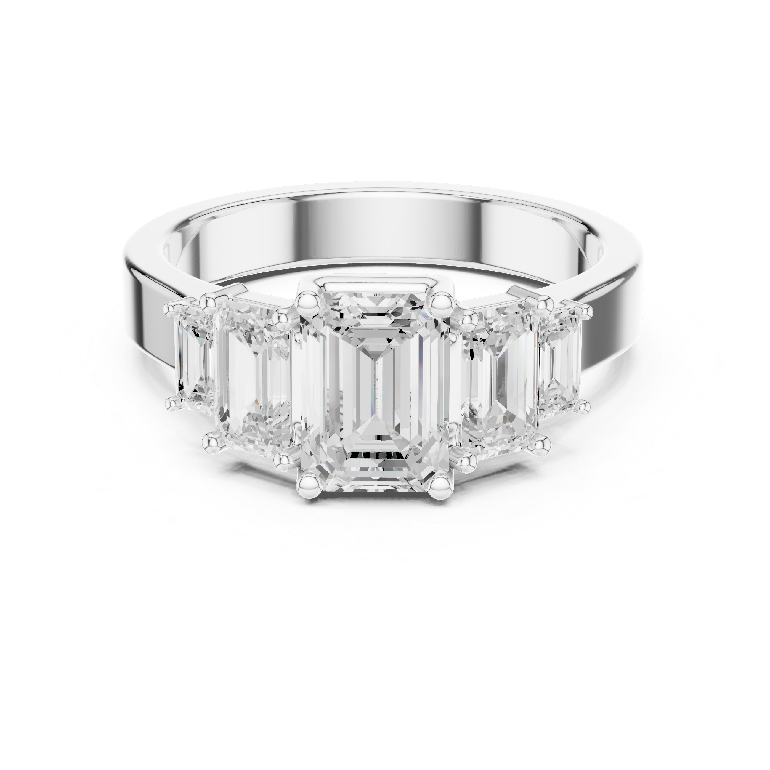 Diamond ring with emerald-cut center stone on a white background