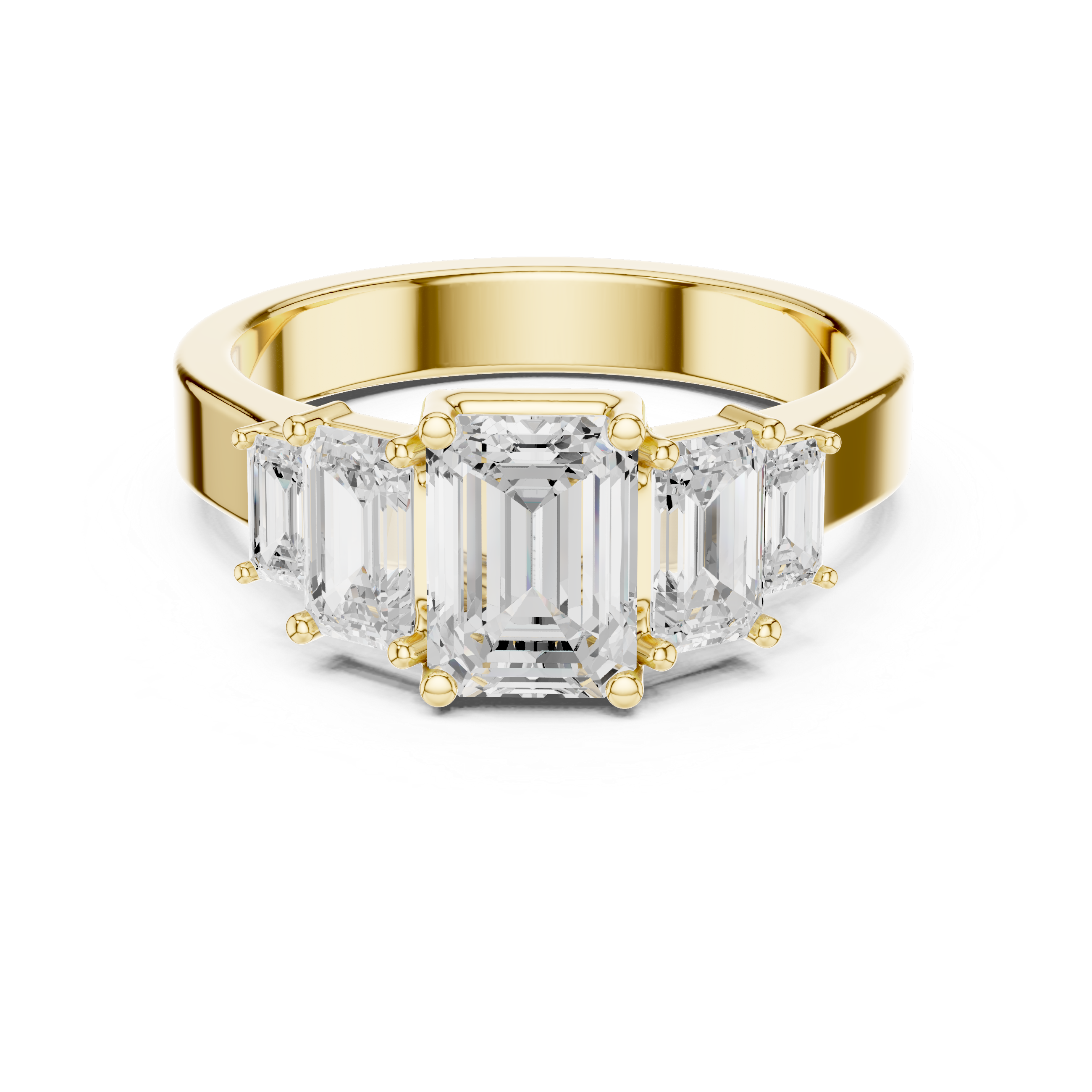 Gold ring with emerald-cut diamonds on a white background