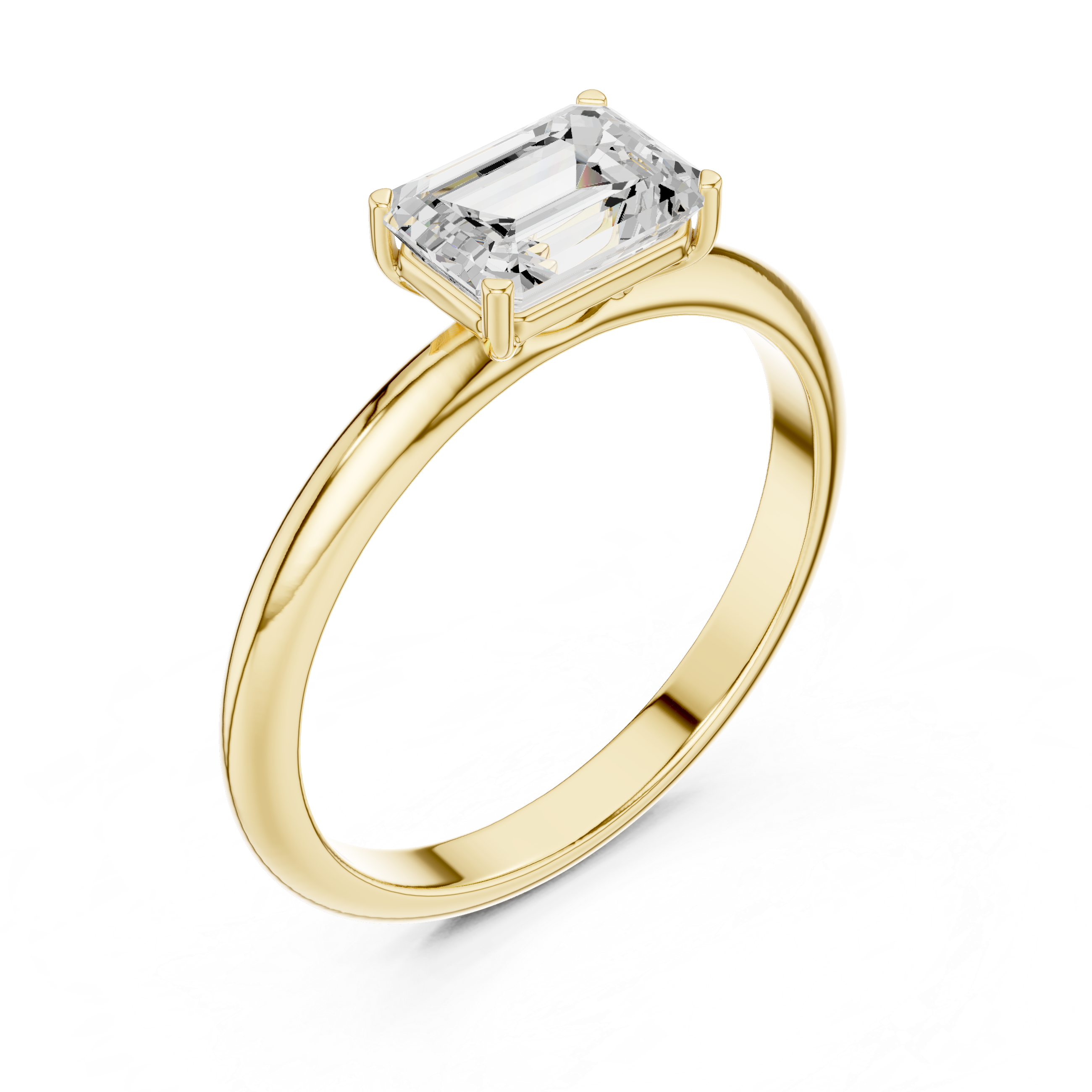 Gold ring with a rectangular diamond on a white background