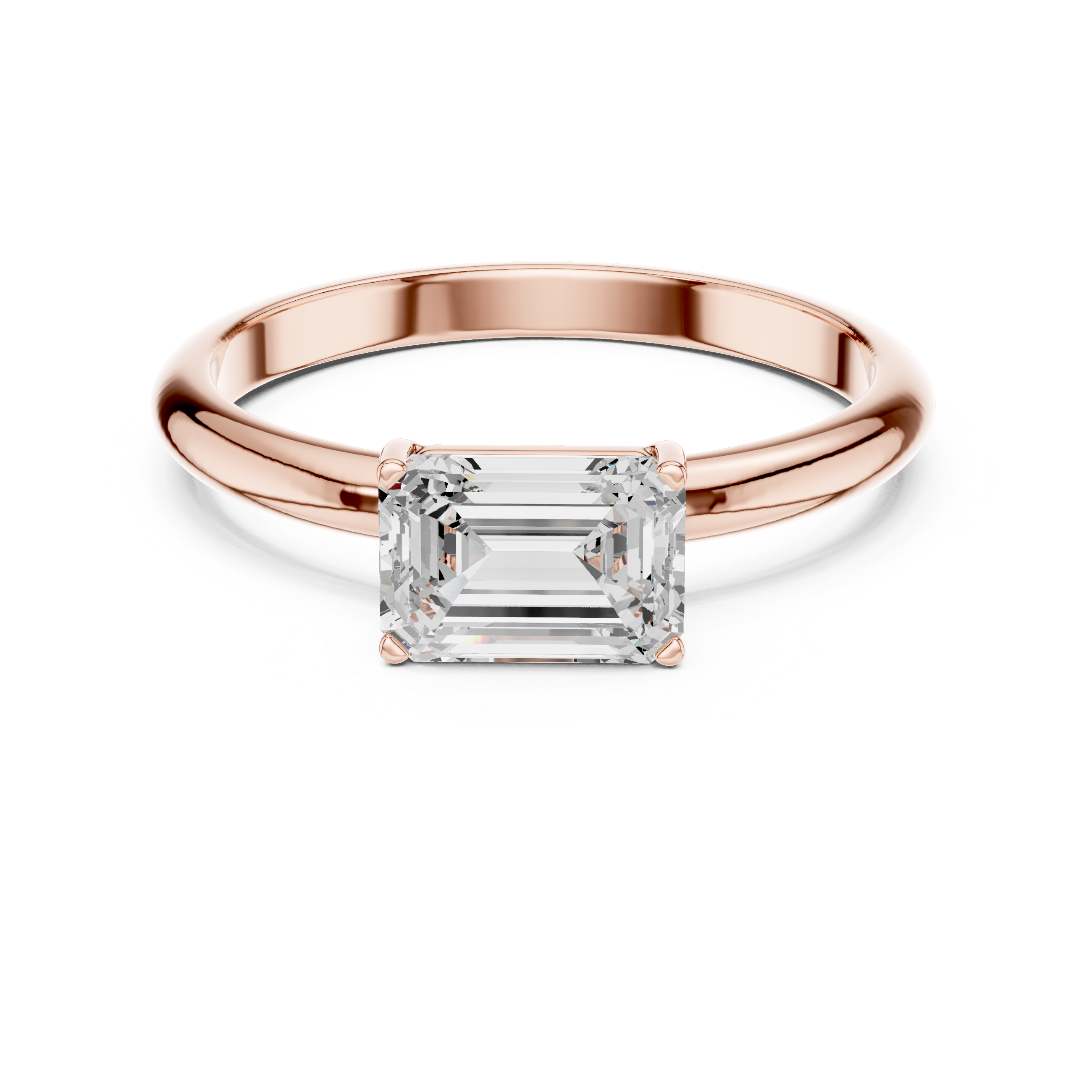 Rose gold ring with a square-cut diamond on a white background