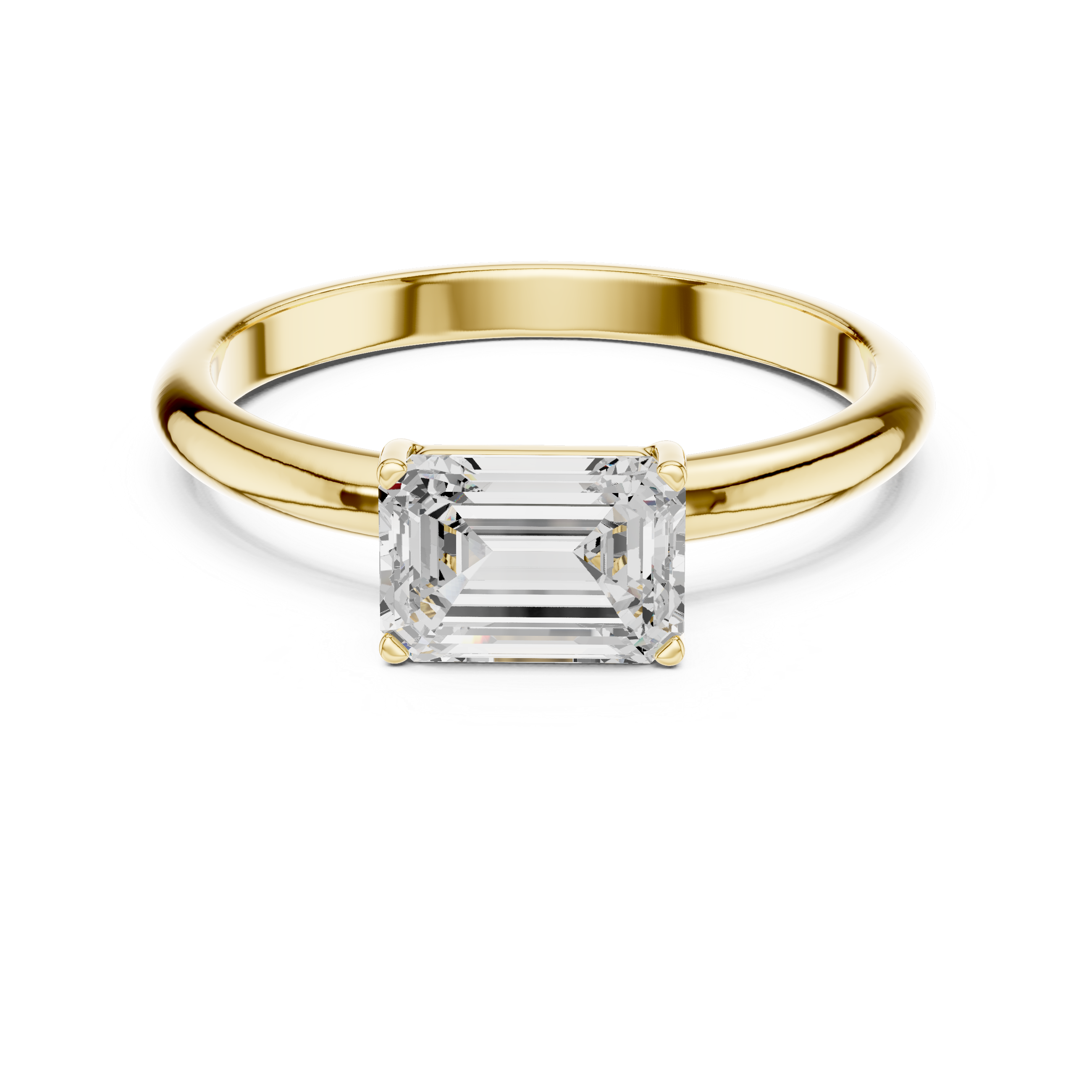 Gold ring with a square-cut diamond on a white background