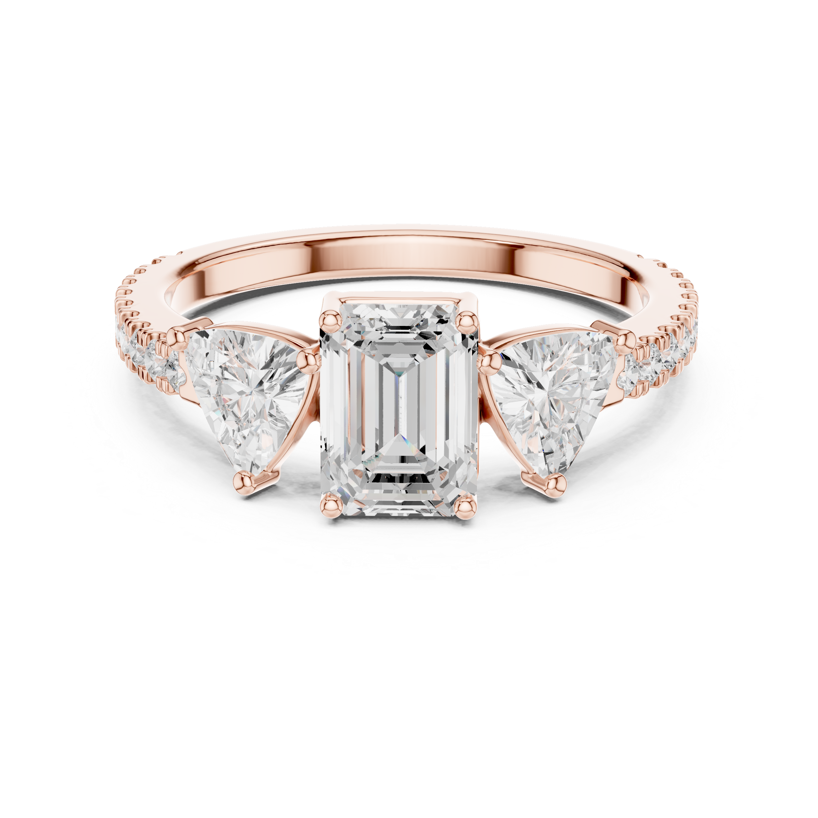 Rose gold ring with a central emerald-cut diamond and two side heart-shaped diamonds on a white background