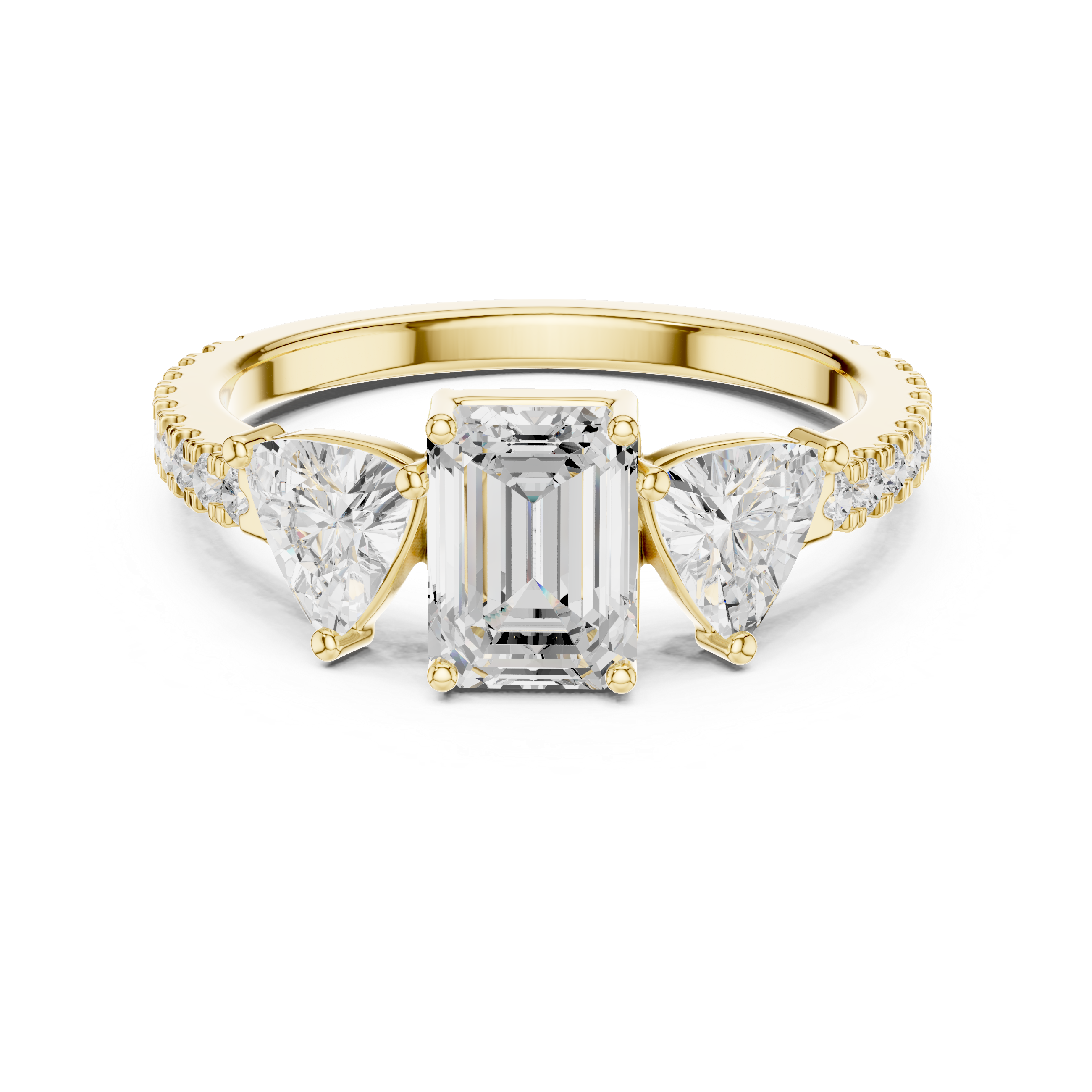 Gold ring with a central emerald-cut diamond and two side heart-shaped diamonds on a white background