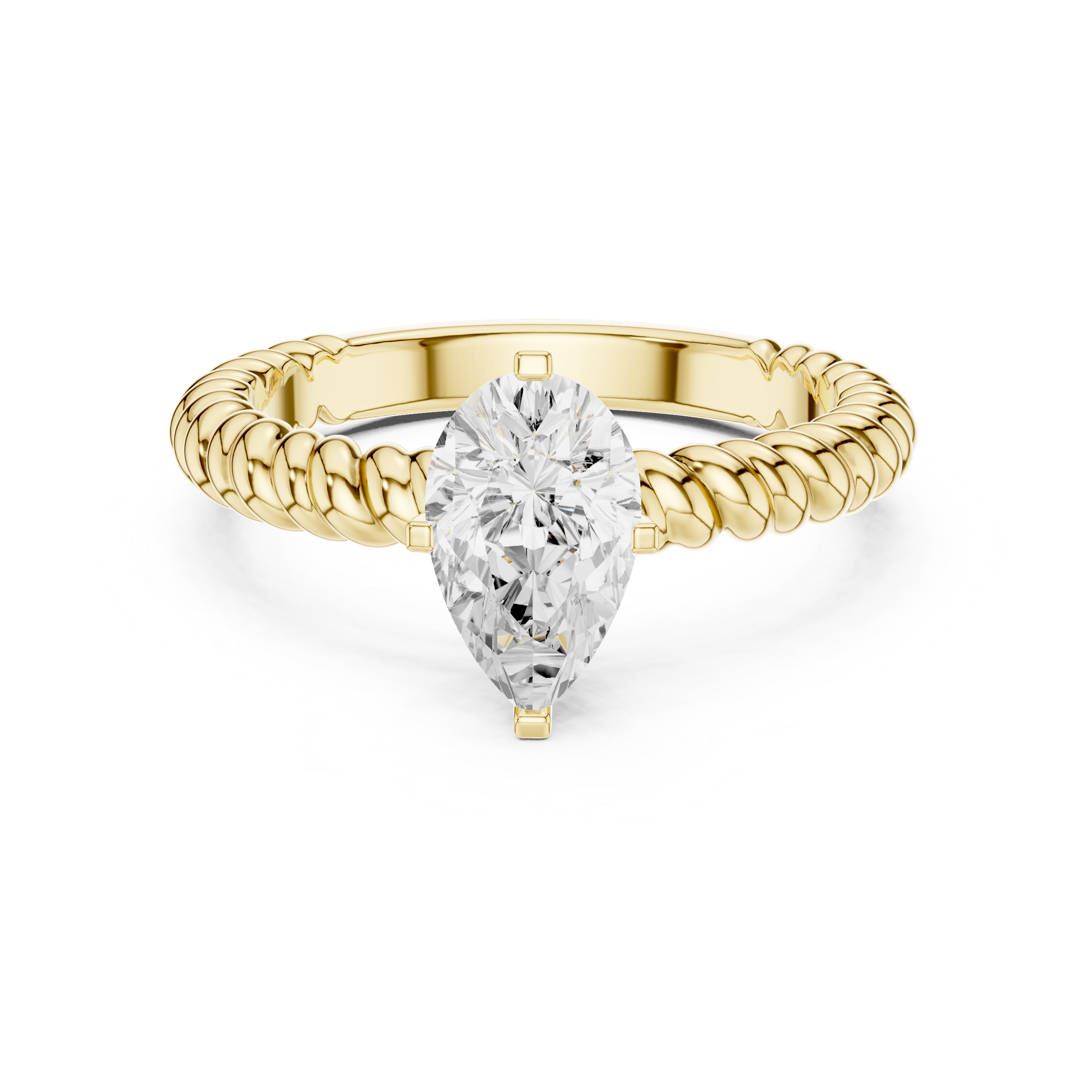 Gold ring with a pear-shaped diamond on a white background