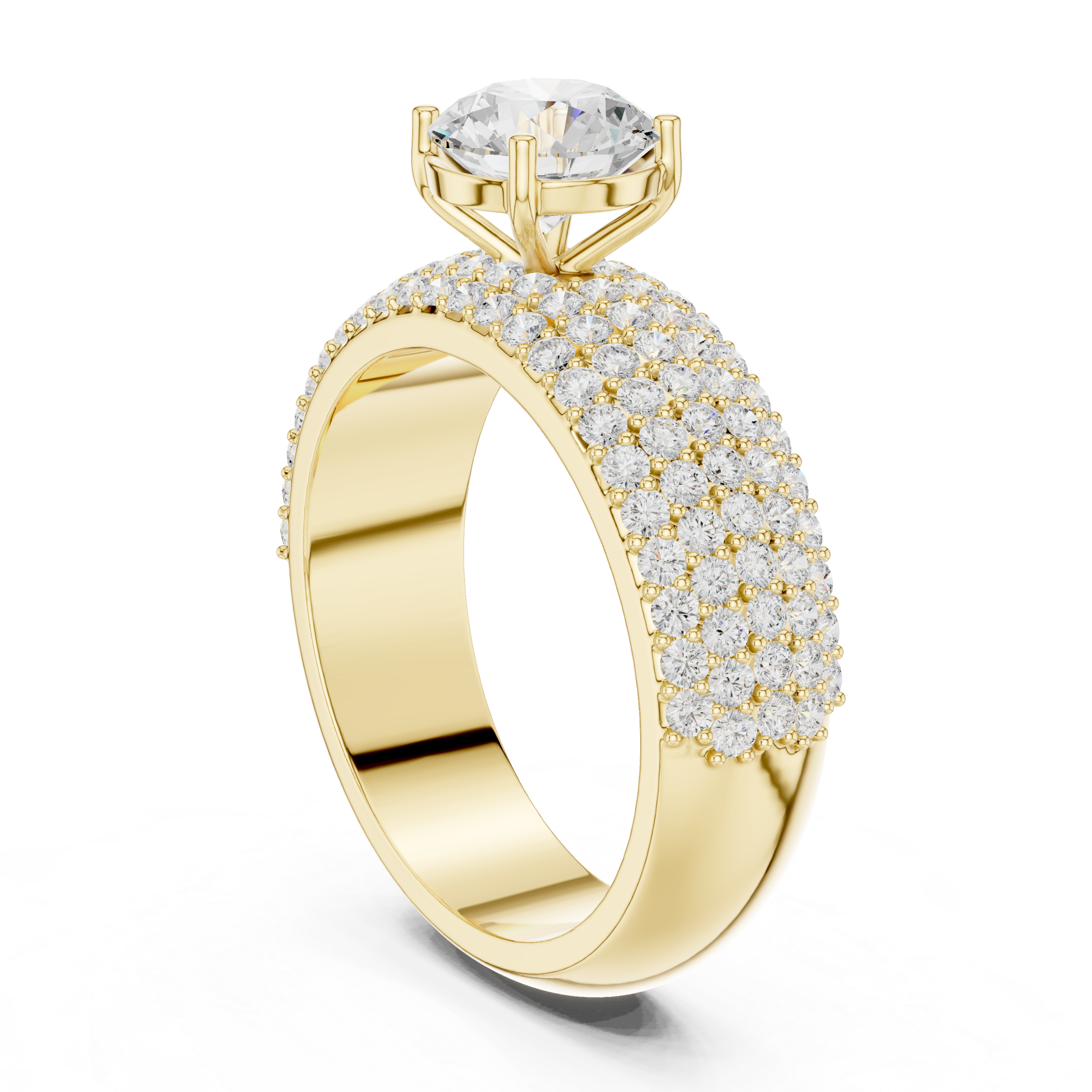 Gold ring with a large central diamond and smaller diamonds around on a white background