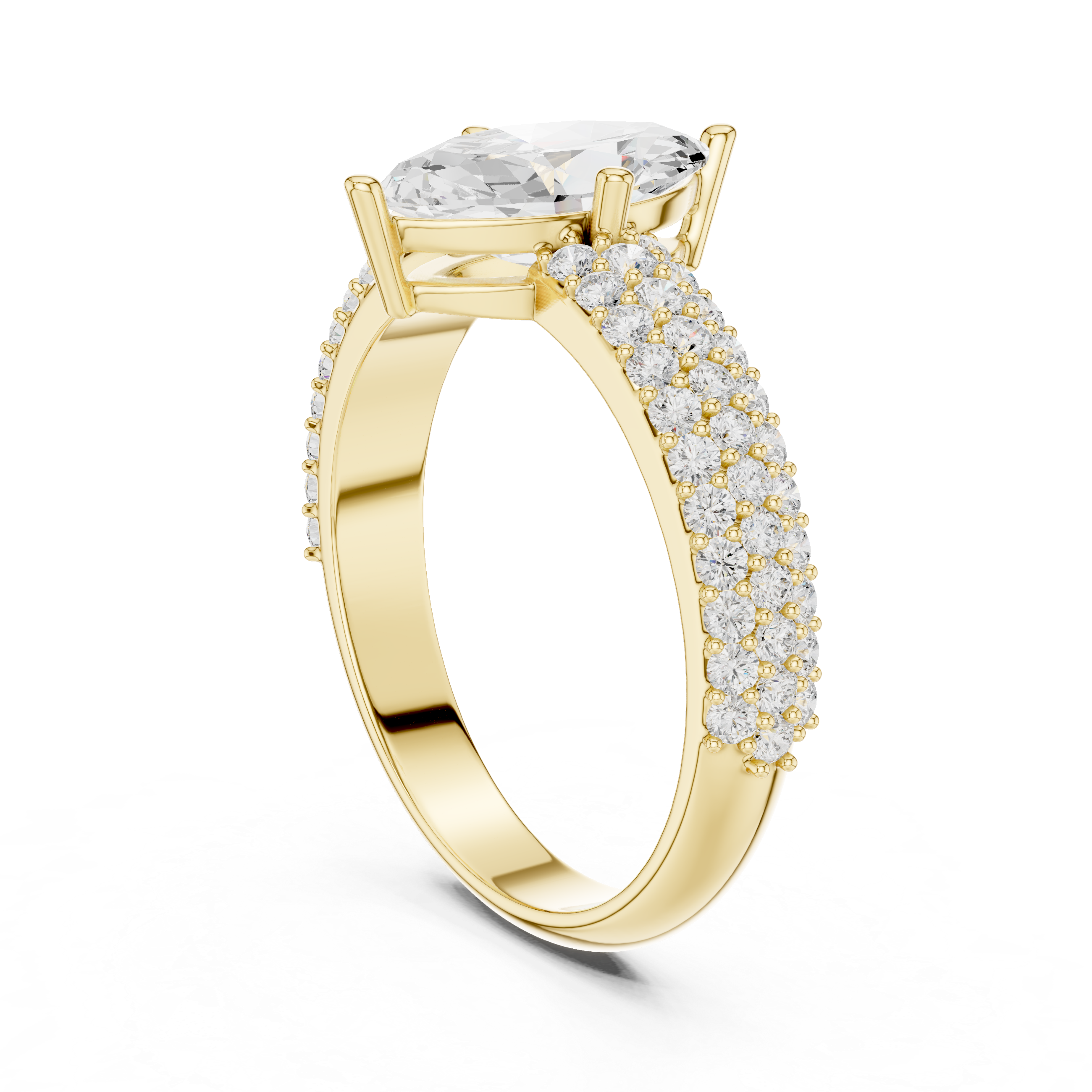 Gold ring with a large central diamond and smaller diamonds along the band on a white background