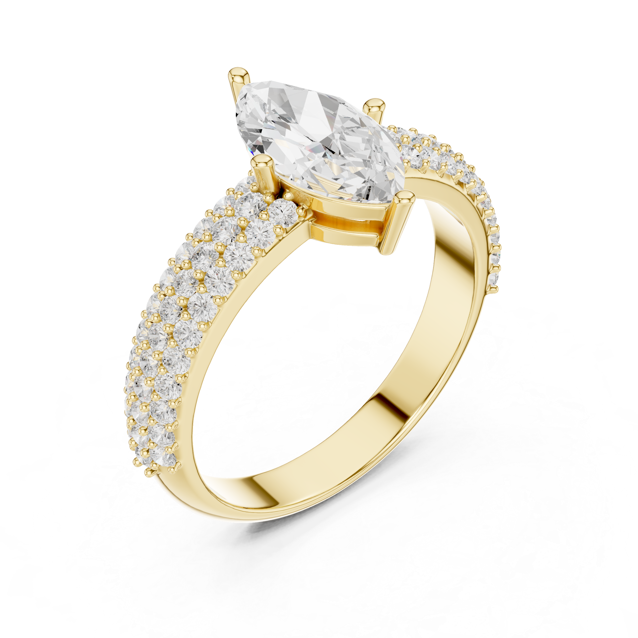 Gold ring with a large diamond and smaller diamonds on a white background
