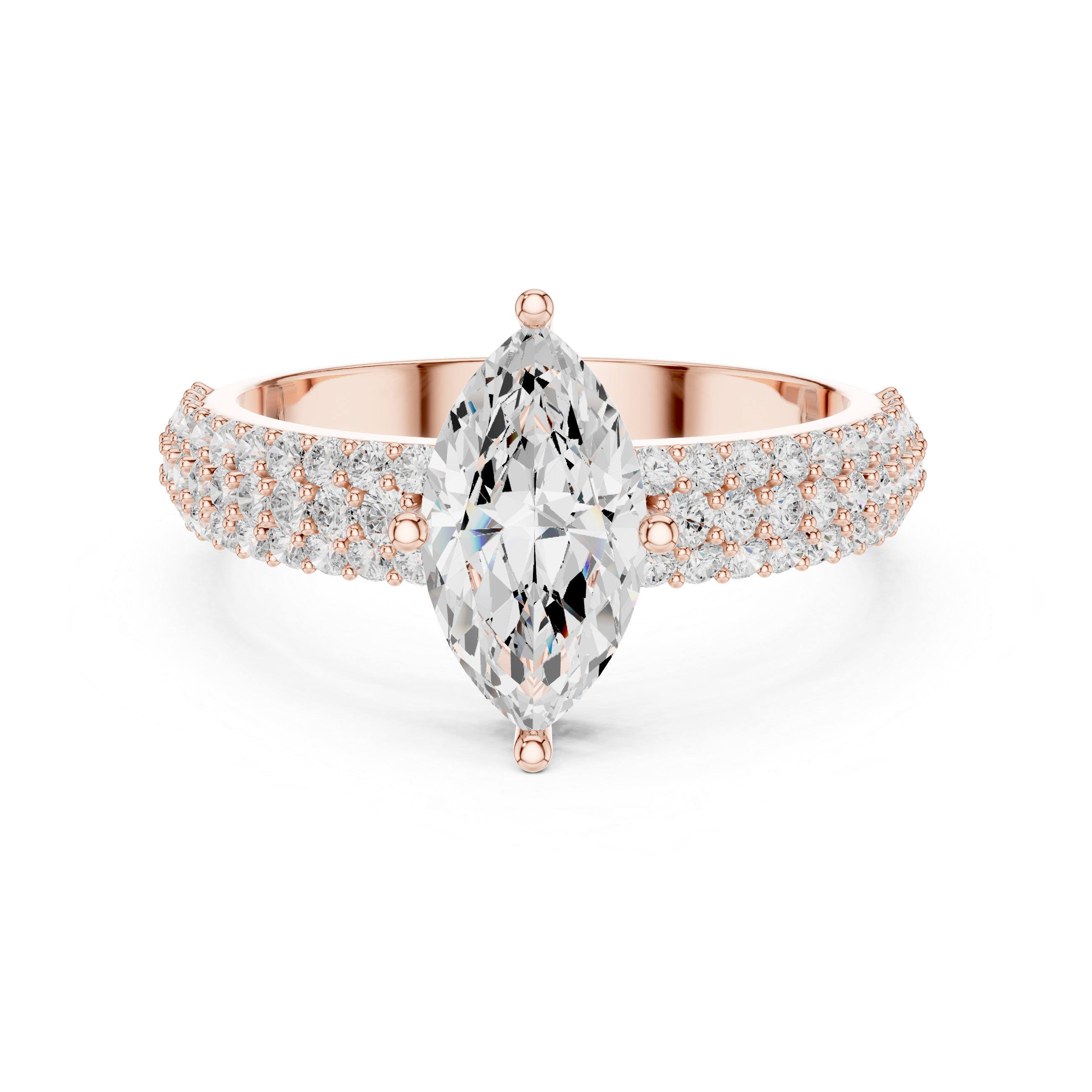 Rose gold ring with a large pear-shaped diamond and smaller diamonds on a white background