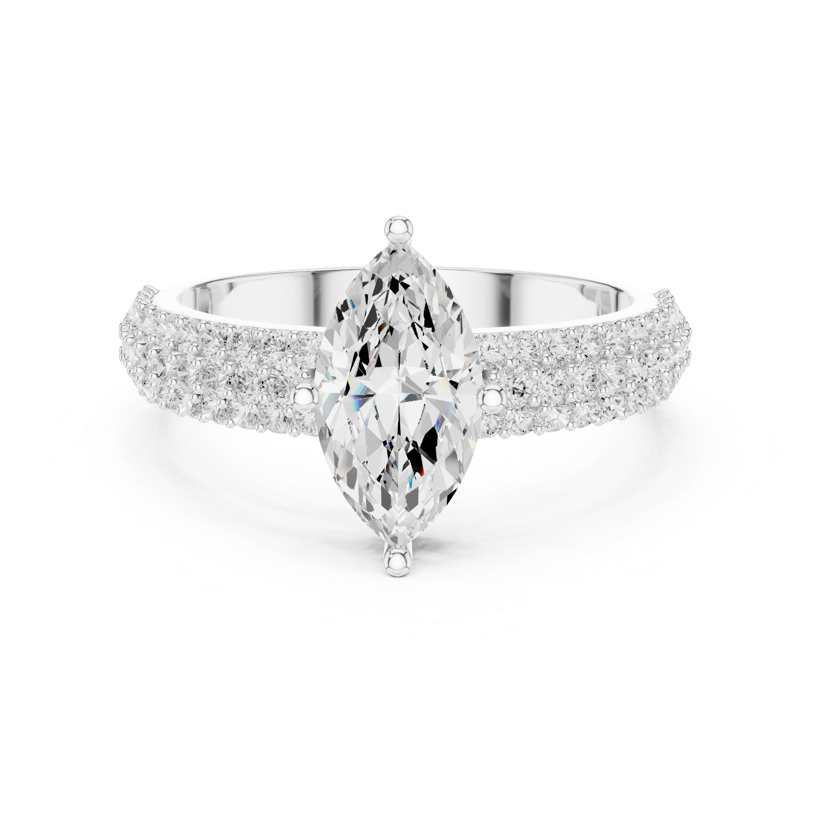 Silver ring with a large pear-shaped diamond and smaller diamonds on a white background