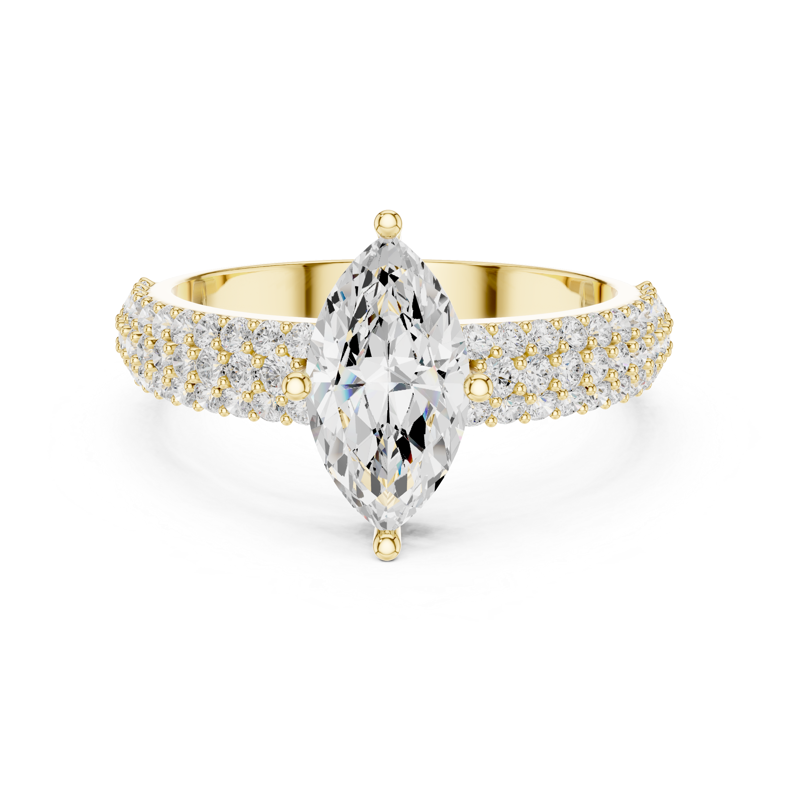 Gold and diamond ring with a pear-shaped center stone on a white background