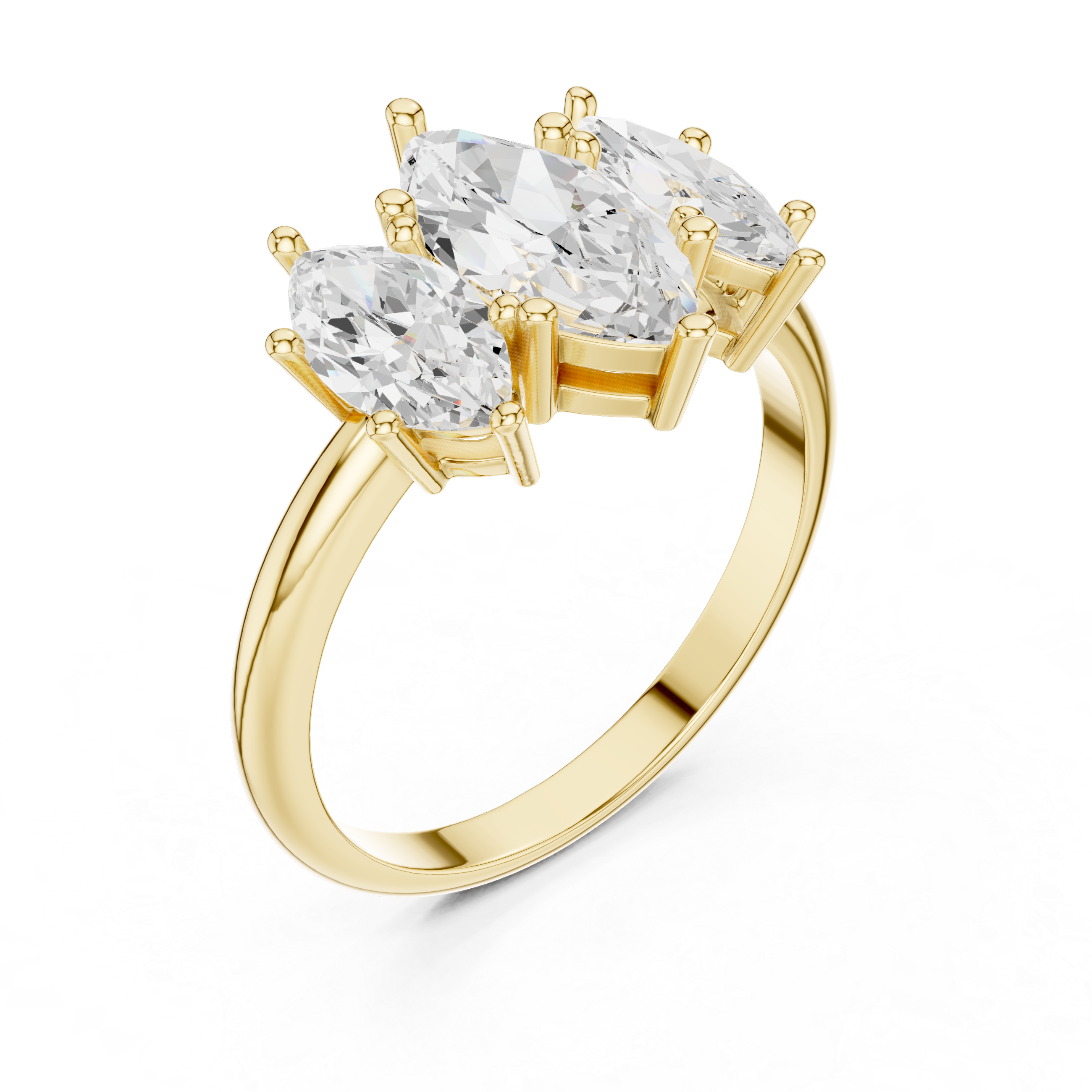Gold ring with two pear-shaped diamonds on a white background