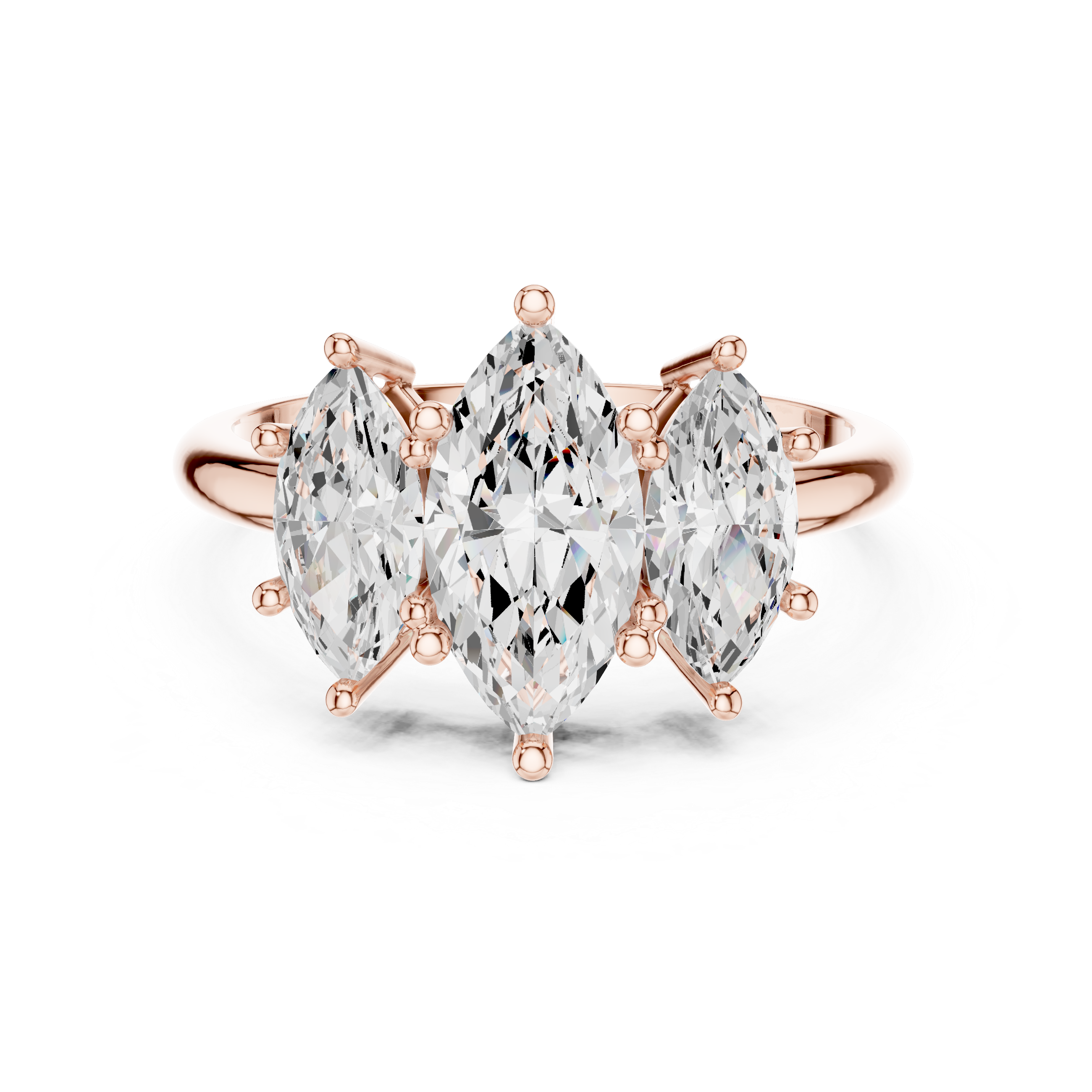 Rose gold ring with three pear-shaped diamonds on a white background