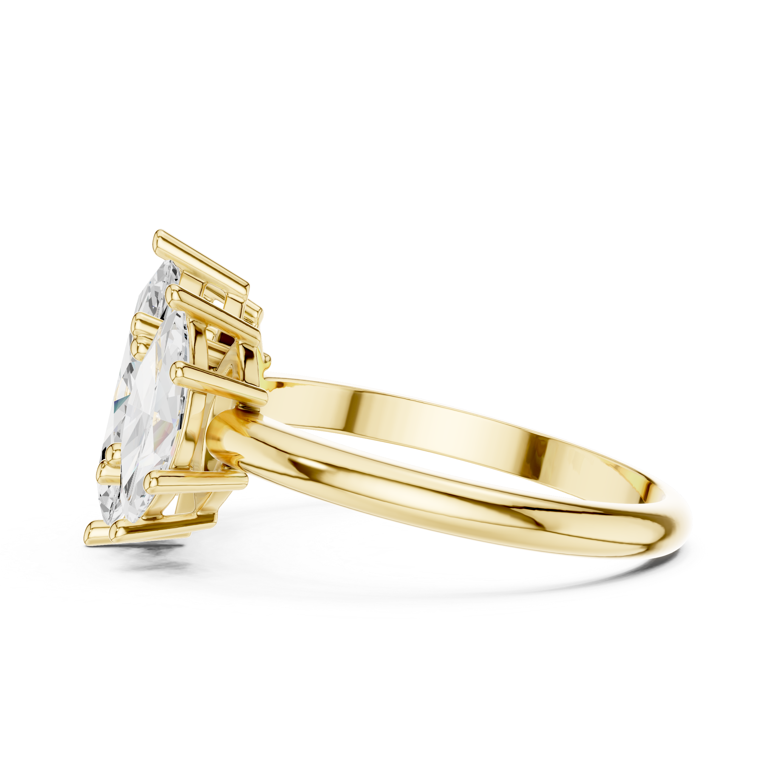 Gold ring with a large diamond on a white background
