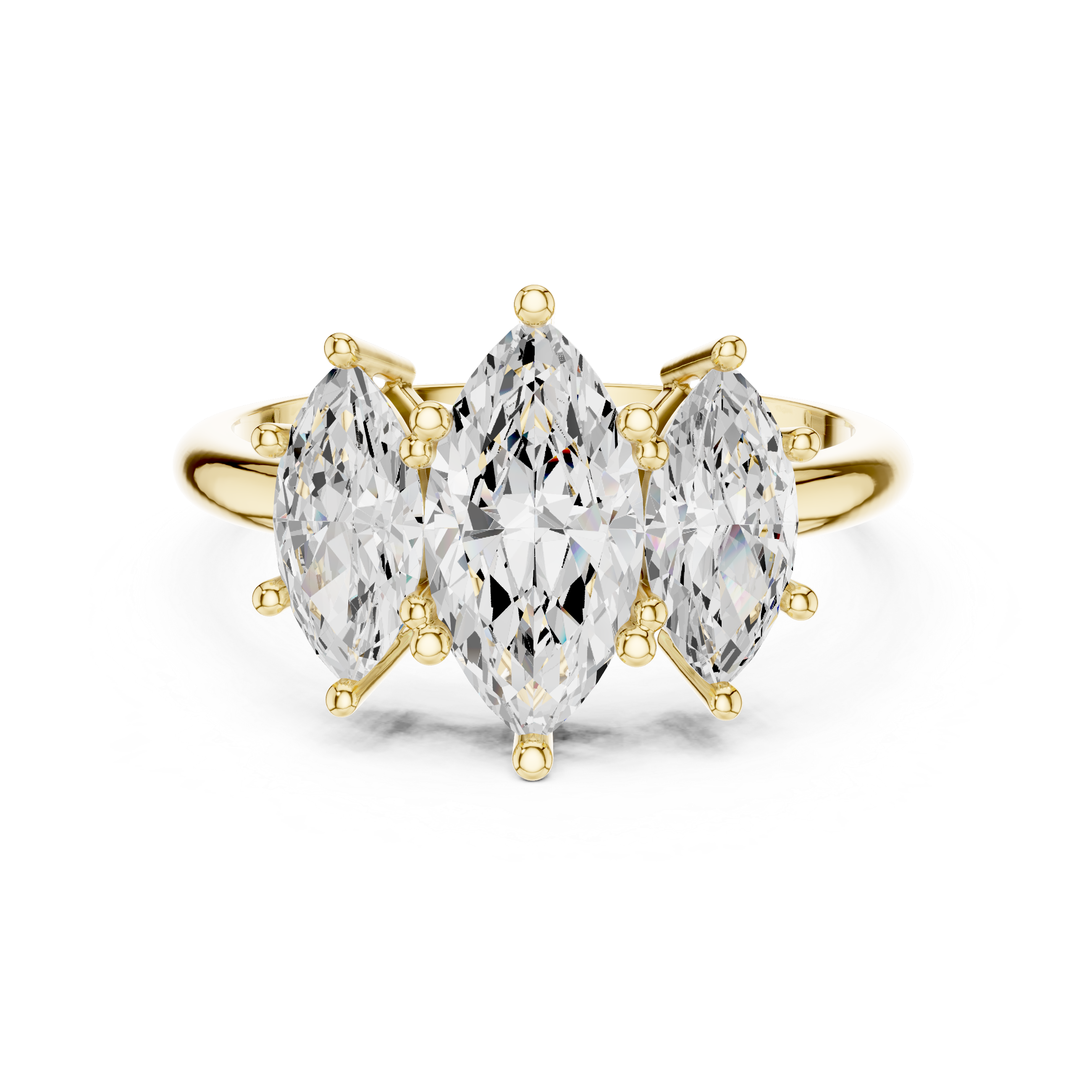 Gold ring with three pear-shaped diamonds on a white background