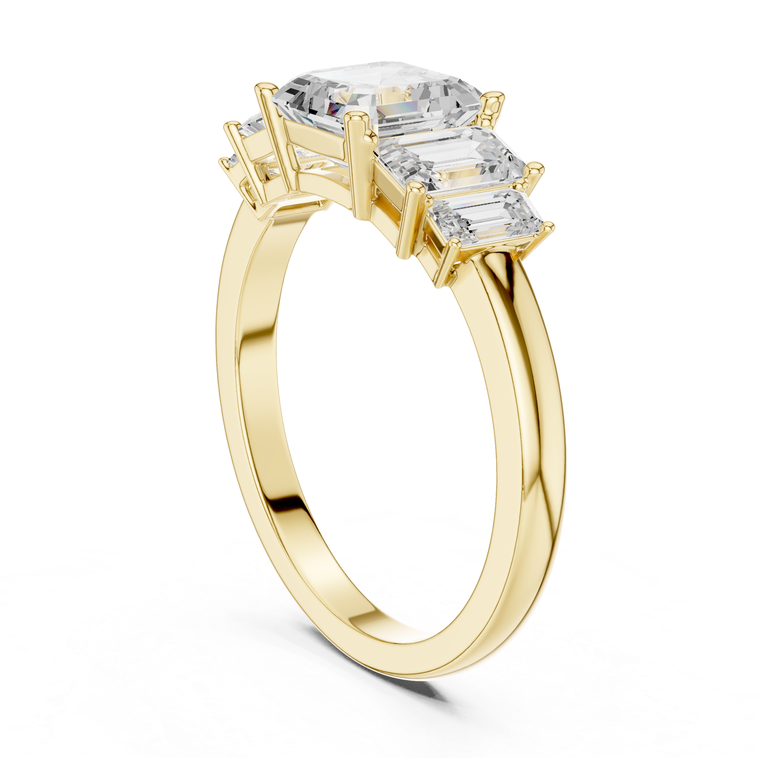 Gold ring with three clear gemstones on a white background
