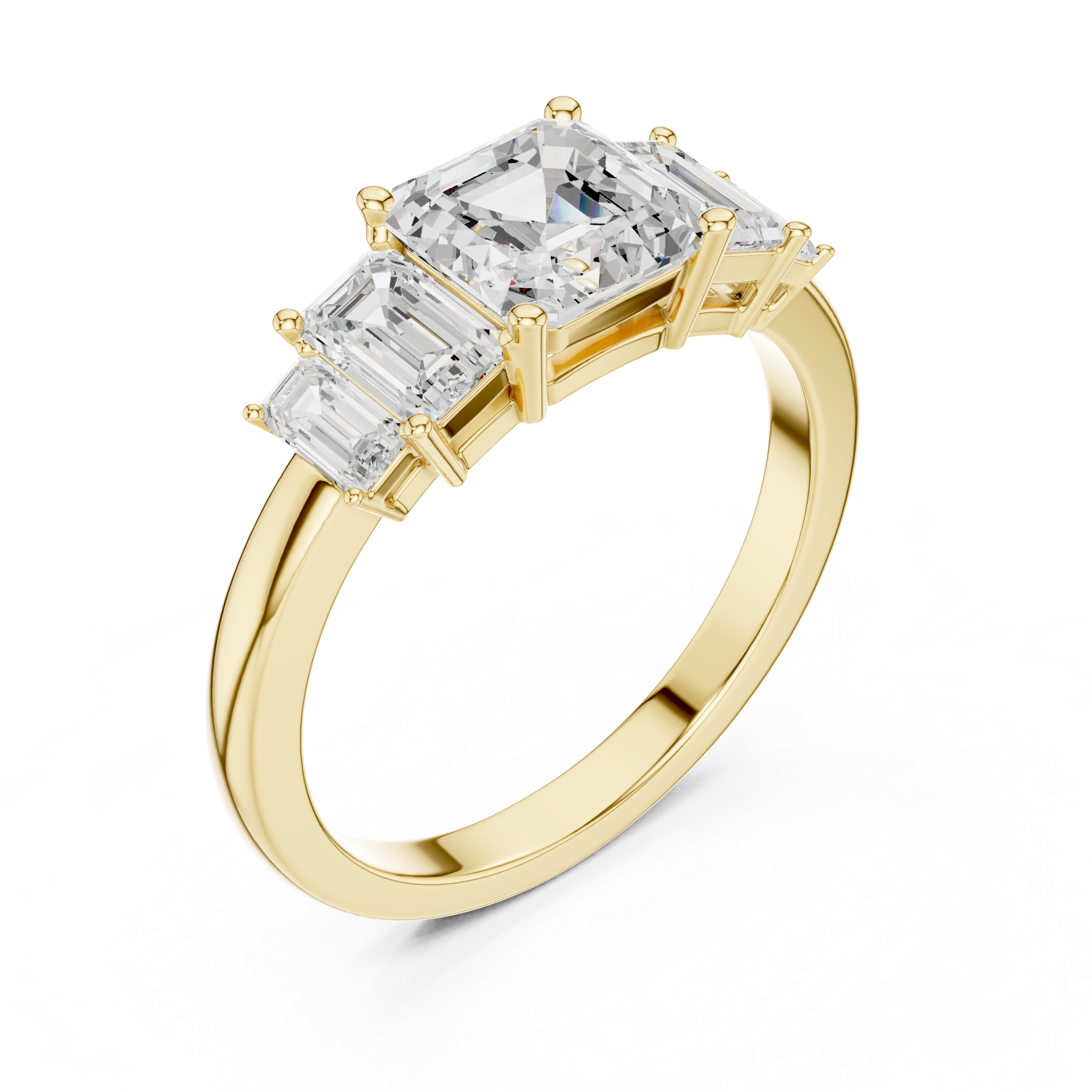 Gold ring with three diamond stones on a white background