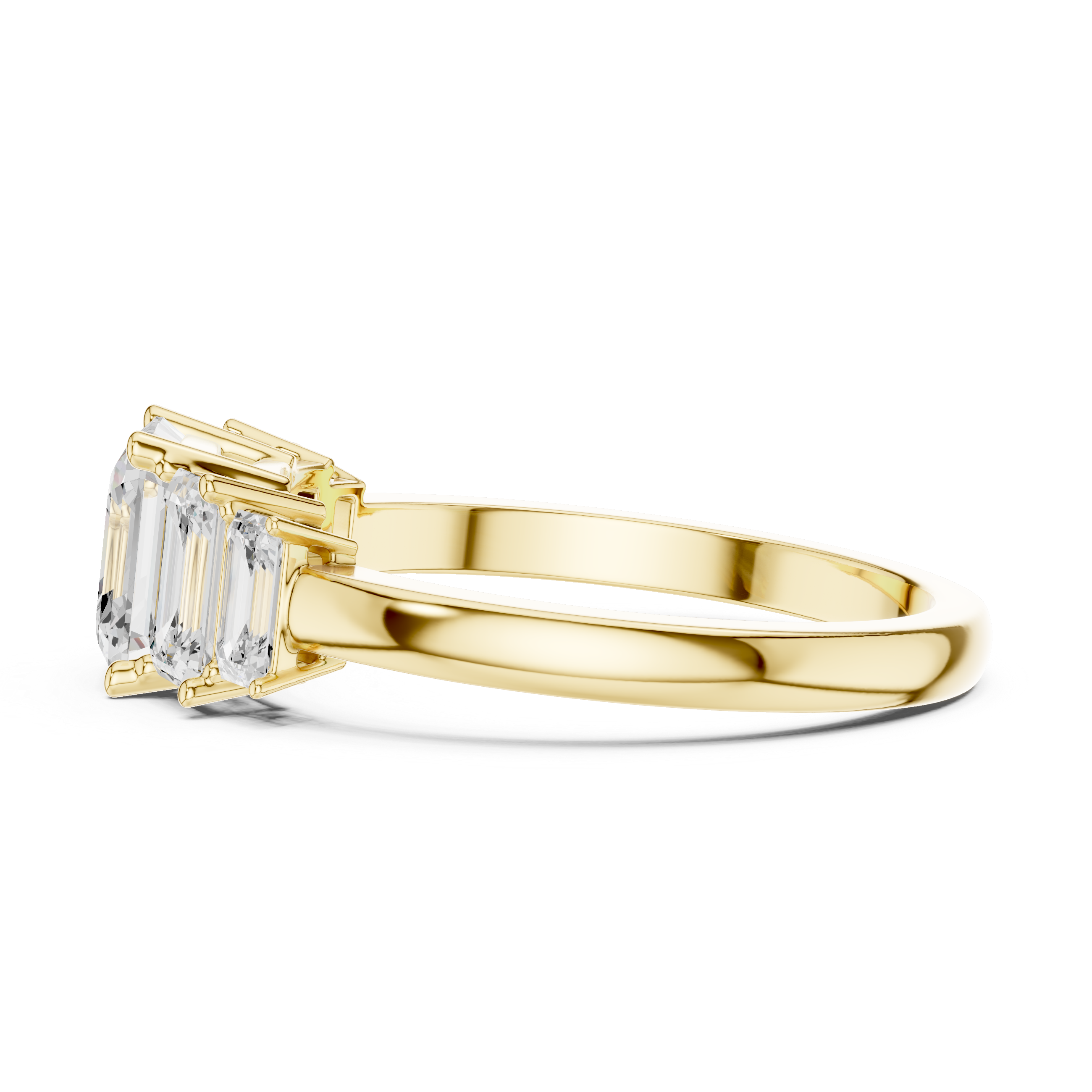 Gold ring with emerald-cut diamond on a white background