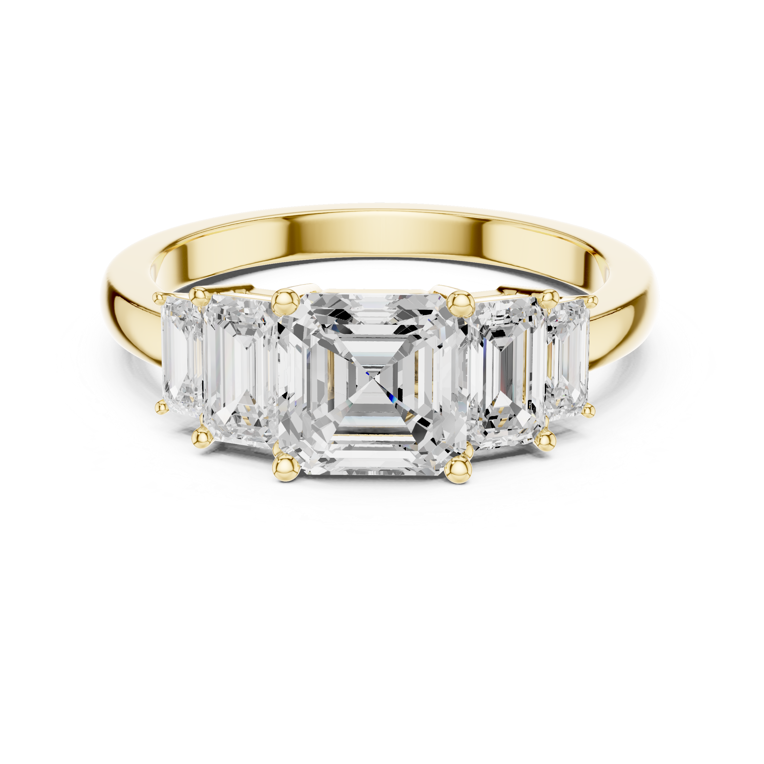 Gold ring with emerald-cut diamonds on a white background