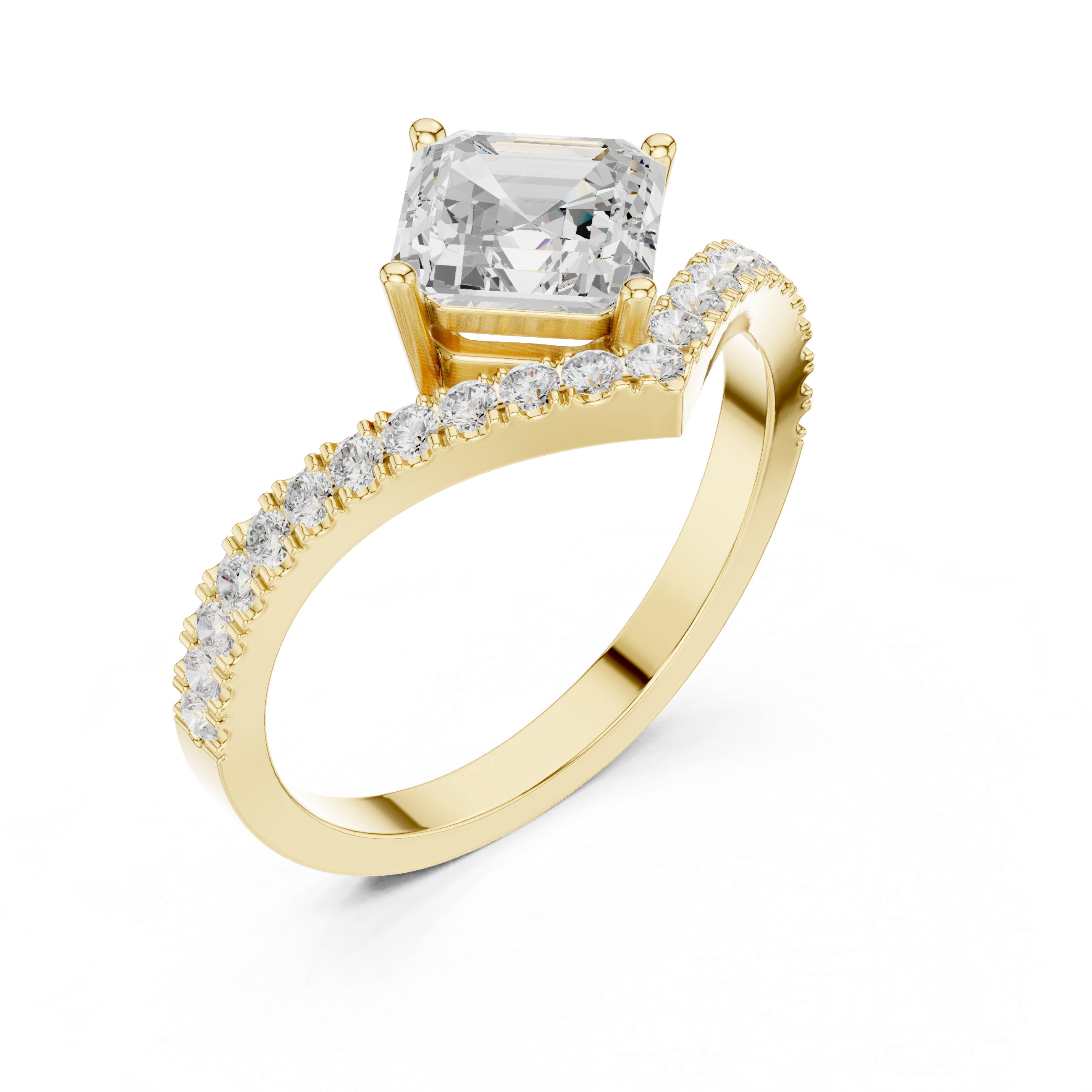 Gold ring with a large diamond and smaller diamonds on the band against a white background