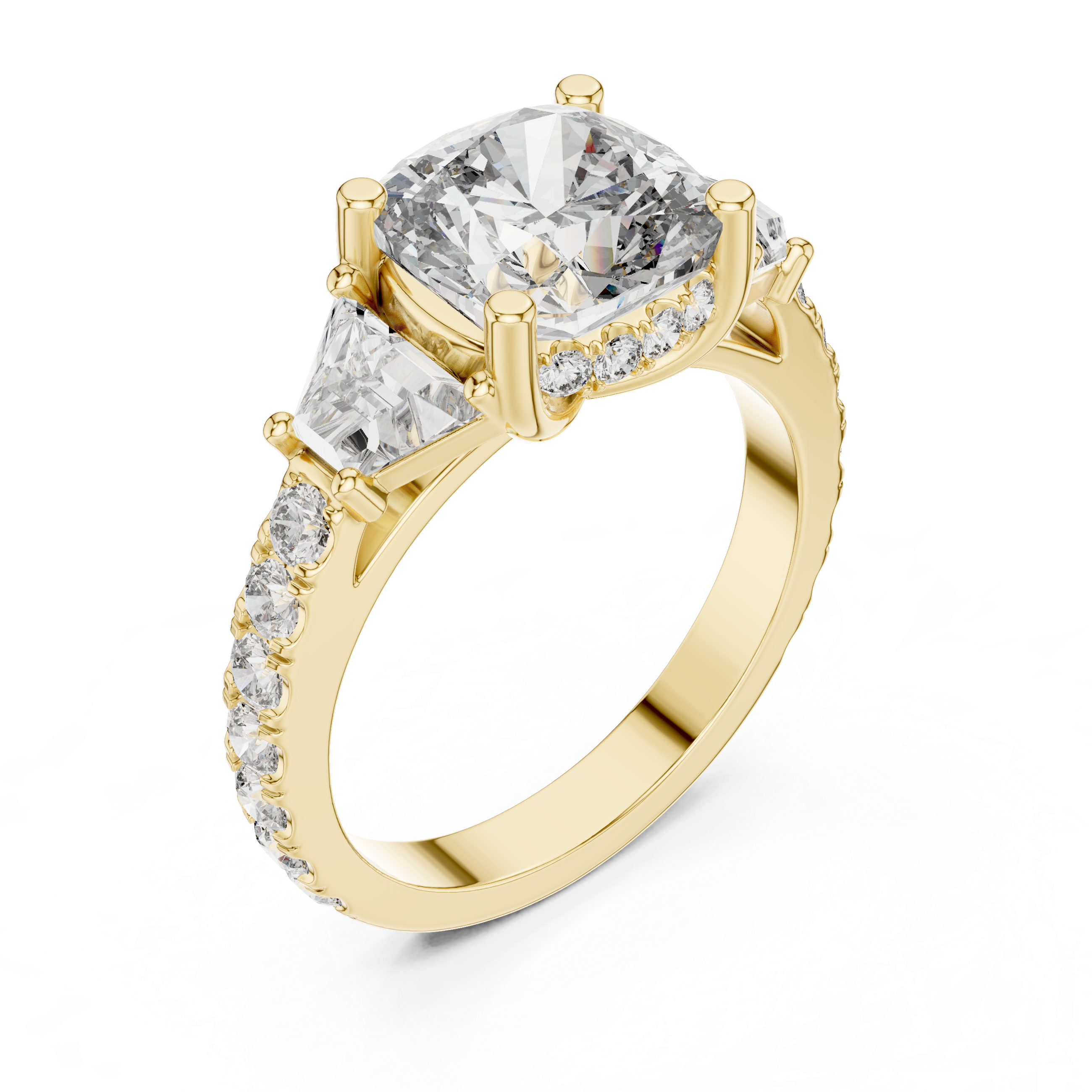 Muur Atelier Solid Gold Cushion & Custom Baguette Three-Stone Diamond Engagement Ring