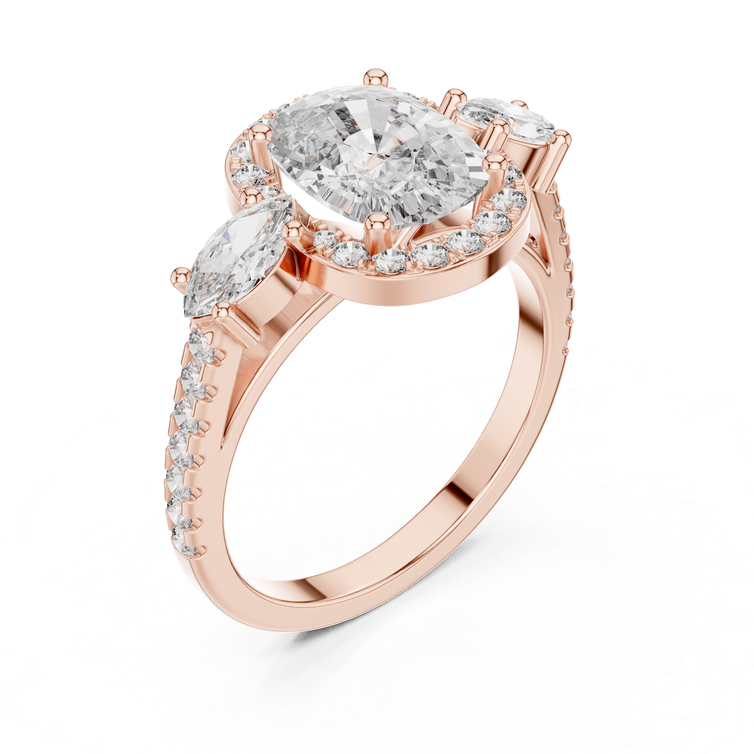 Muur Atelier Solid Gold Cushion Cut Diamond Halo Engagement Ring with Marquise Accents