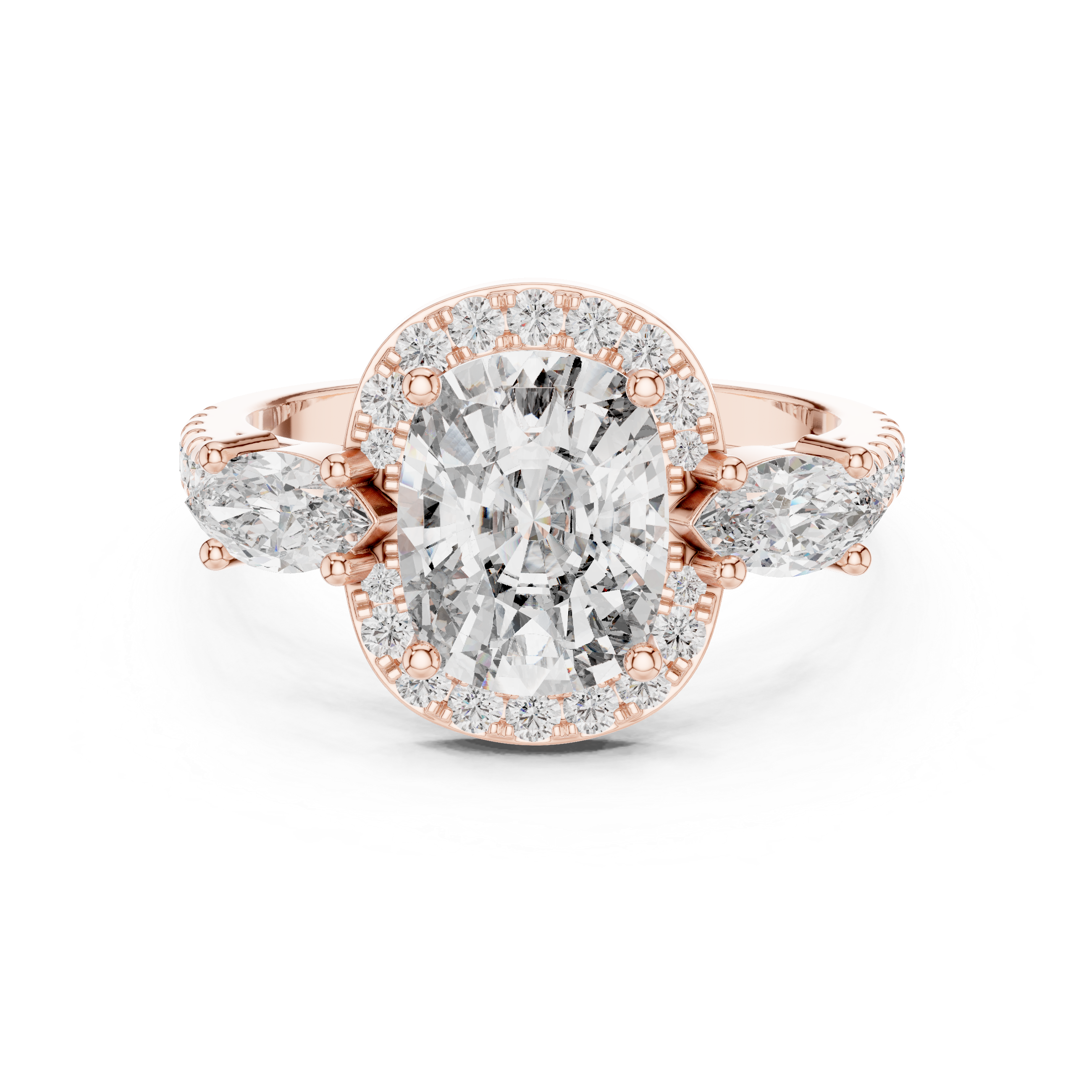 Muur Atelier Solid Gold Cushion Cut Diamond Halo Engagement Ring with Marquise Accents