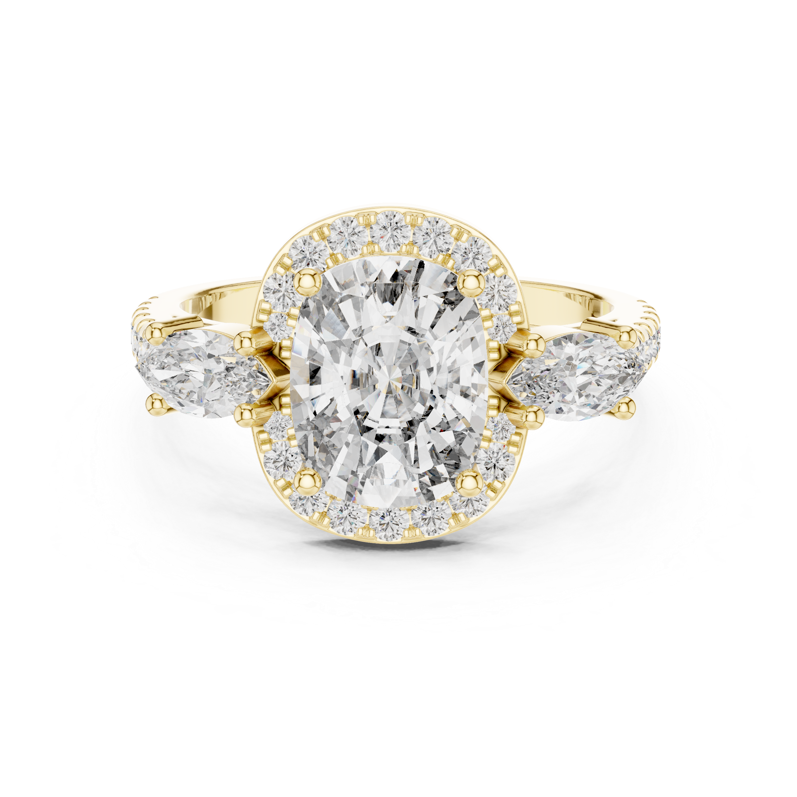 Muur Atelier Solid Gold Cushion Cut Diamond Halo Engagement Ring with Marquise Accents