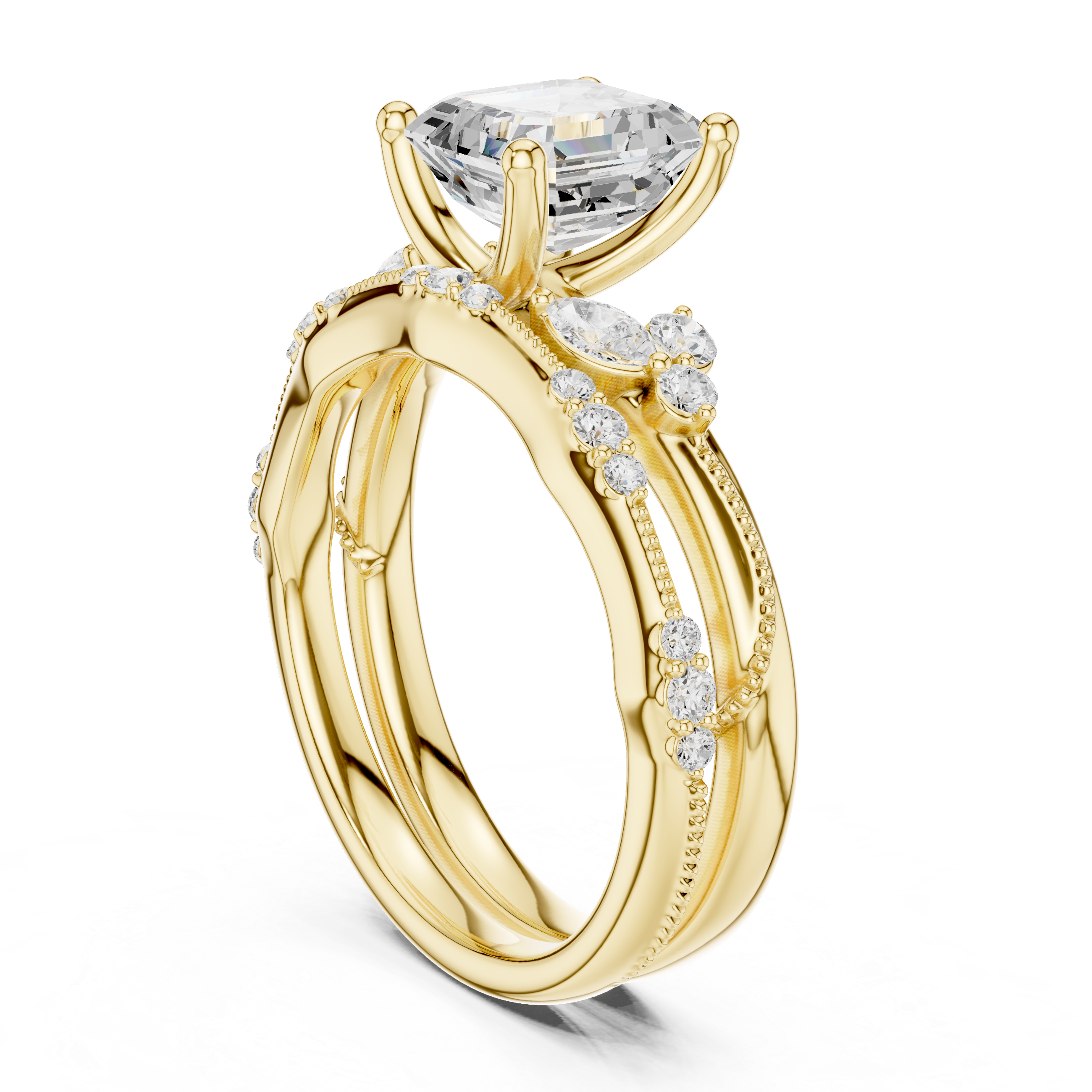 Gold ring with a large diamond and smaller diamonds on a white background