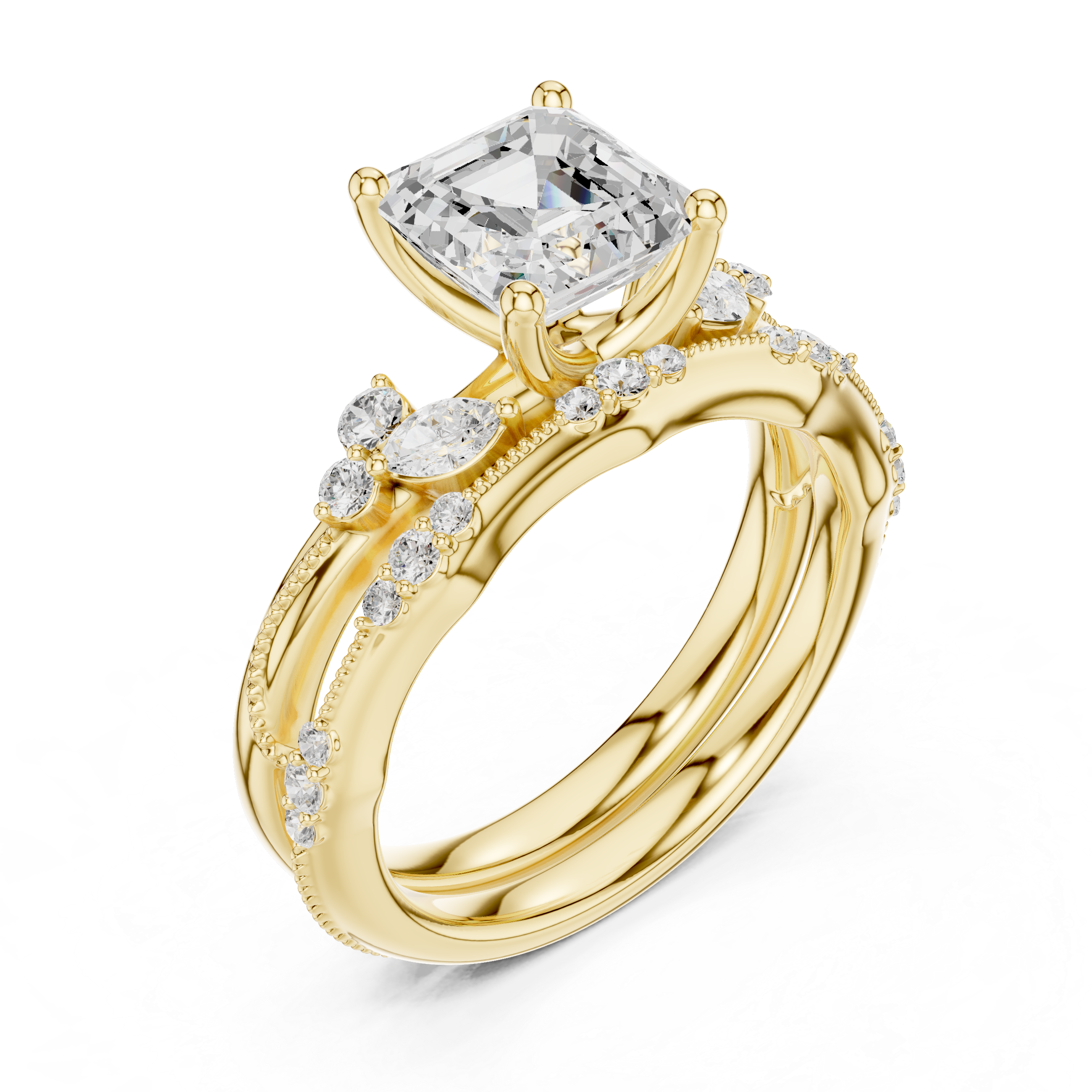Gold ring with a large diamond and smaller stones on a white background