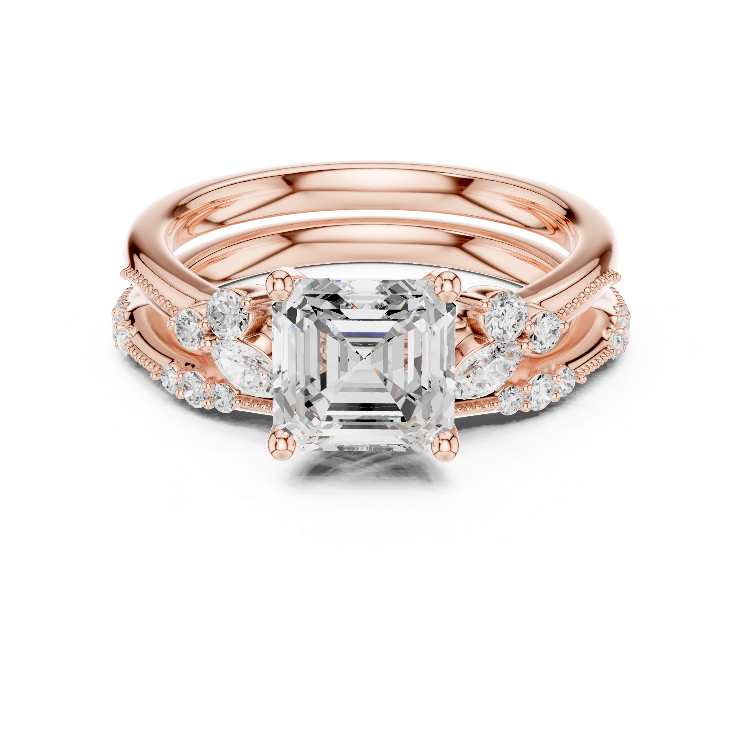 Rose gold ring with a large diamond and smaller diamonds on a white background