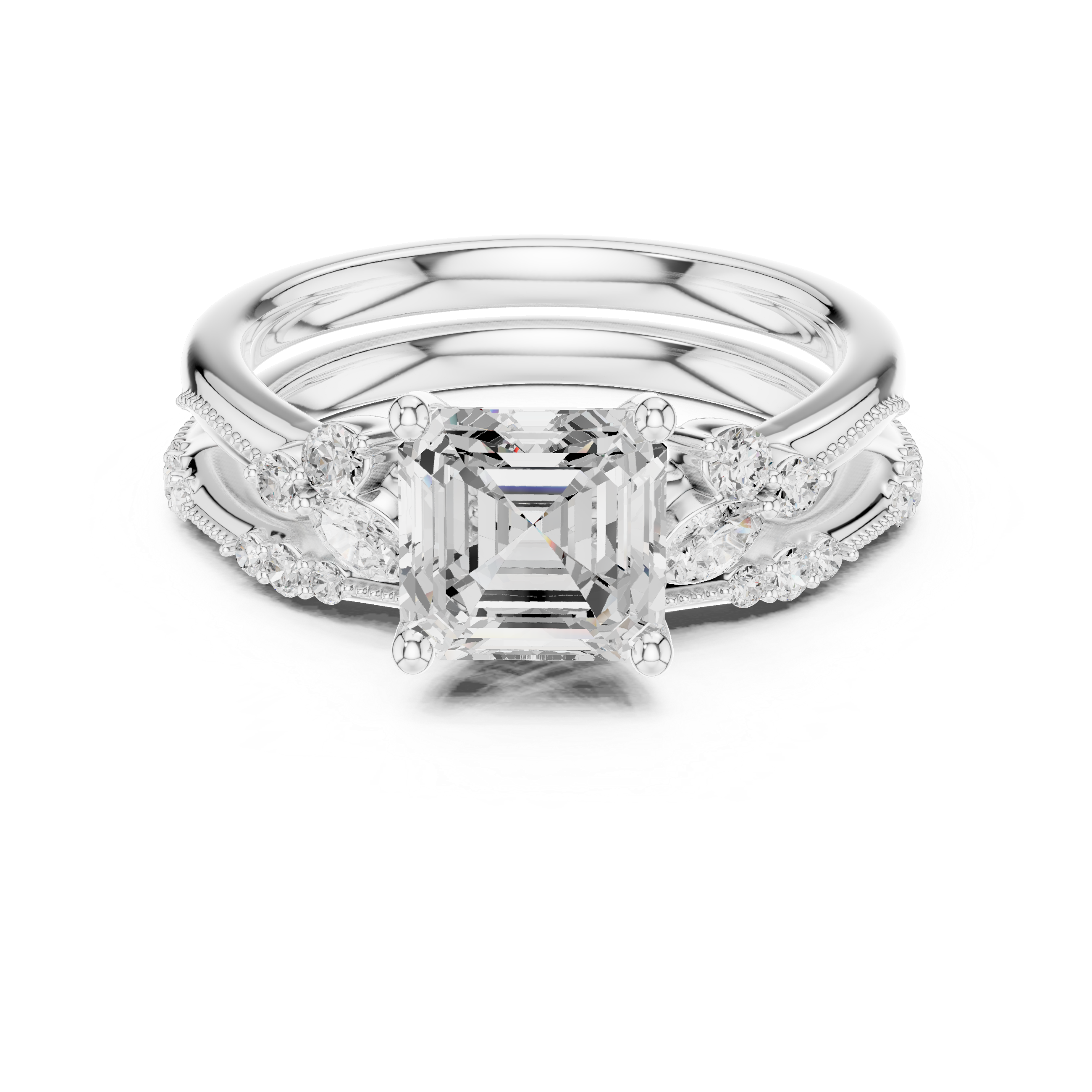 Diamond ring with a white gold band on a white background