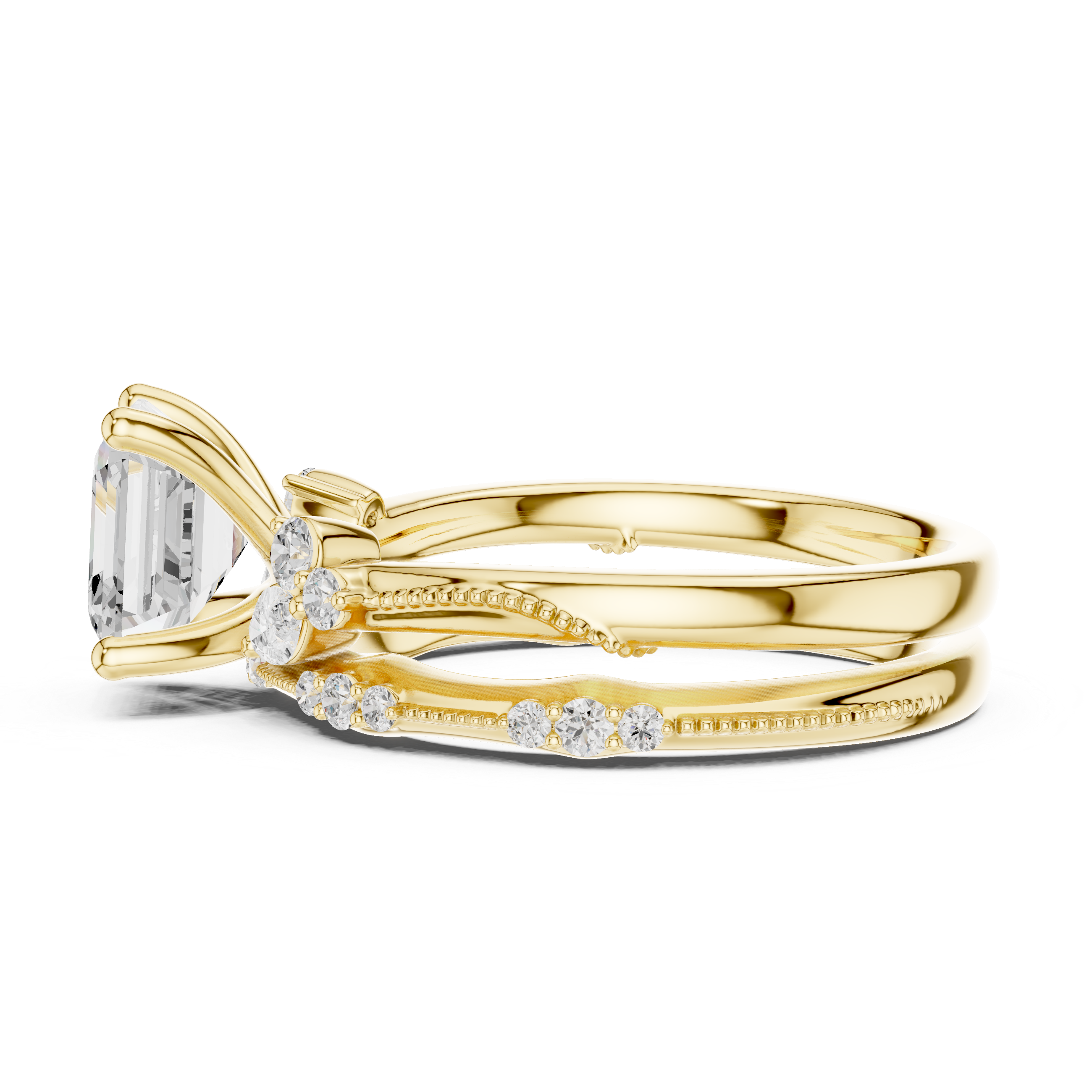 Gold ring with diamond accents on a white background