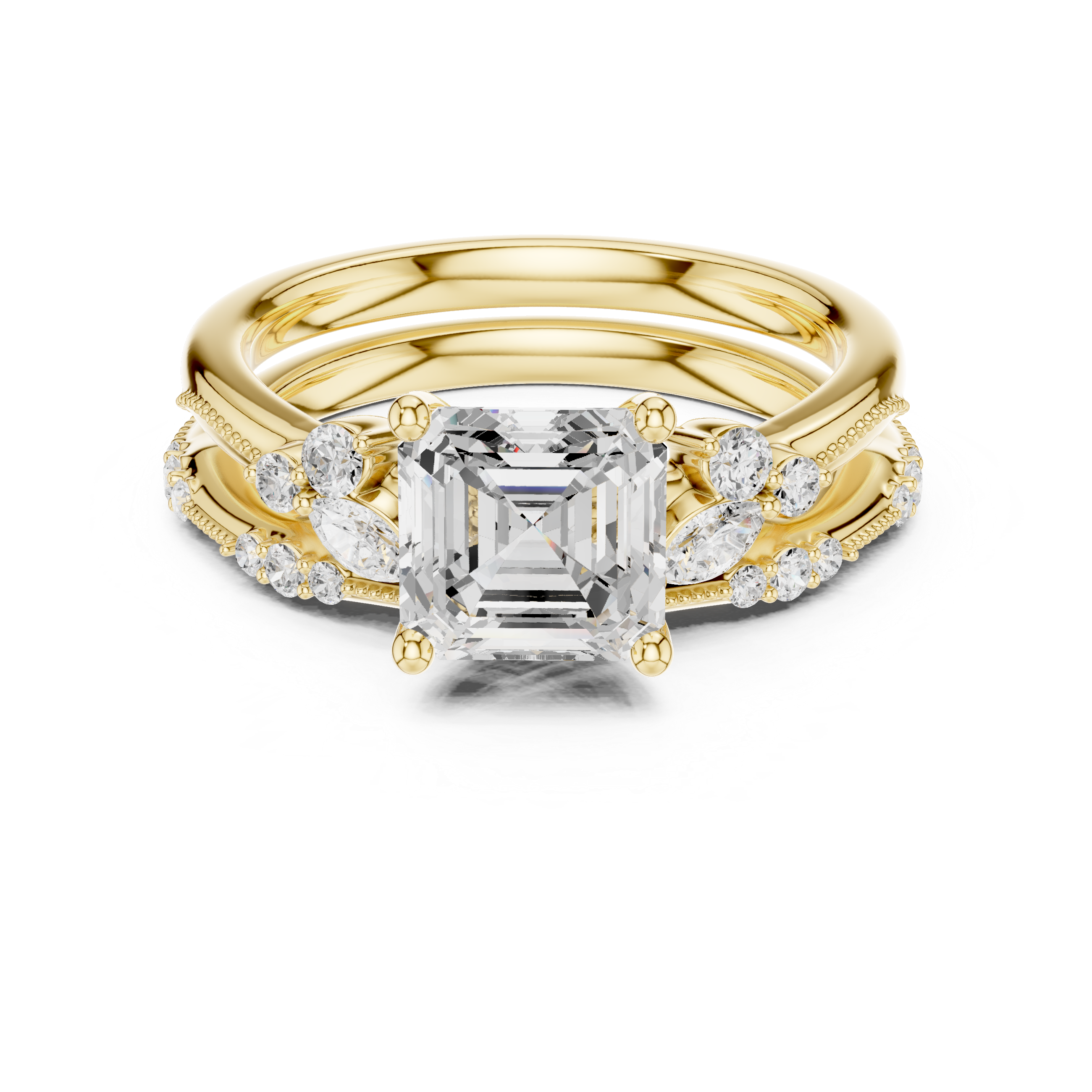 Gold ring with a large diamond and smaller diamonds on a white background