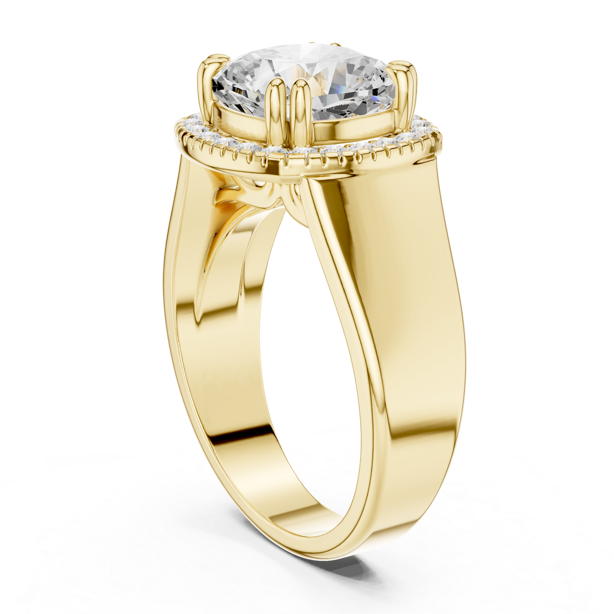 Muur Atelier Solid Gold Cushion Cut Diamond Halo Wide Band Engagement Ring